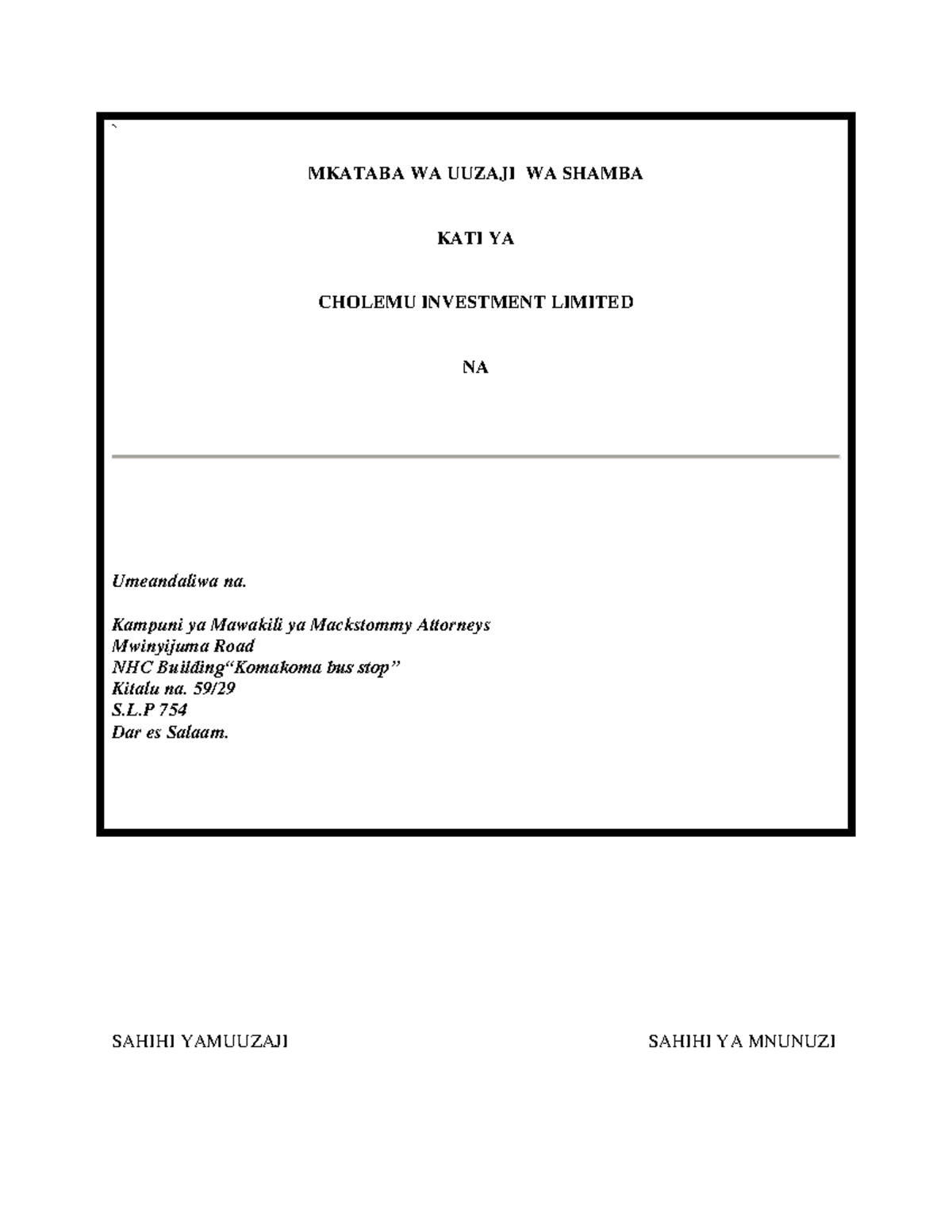 Mkataba wa Uuzaji wa Shamba - Cholemu Investment Ltd - Studocu