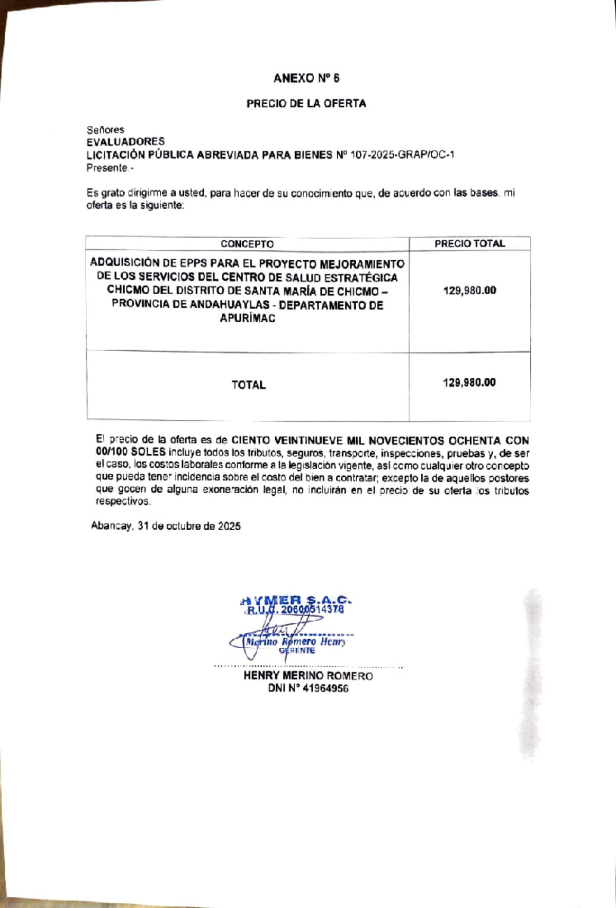 Anexo 6: Oferta de Precio para Licitación Pública Abreviada EPPS GORE ...