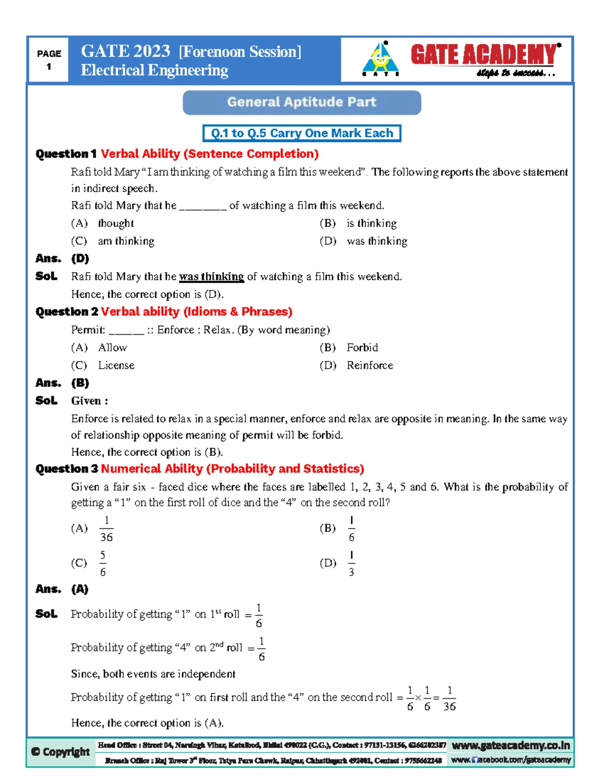 gate question paper - 1 .General Aptitude. Q to Q Carry ONE Mark Each ...