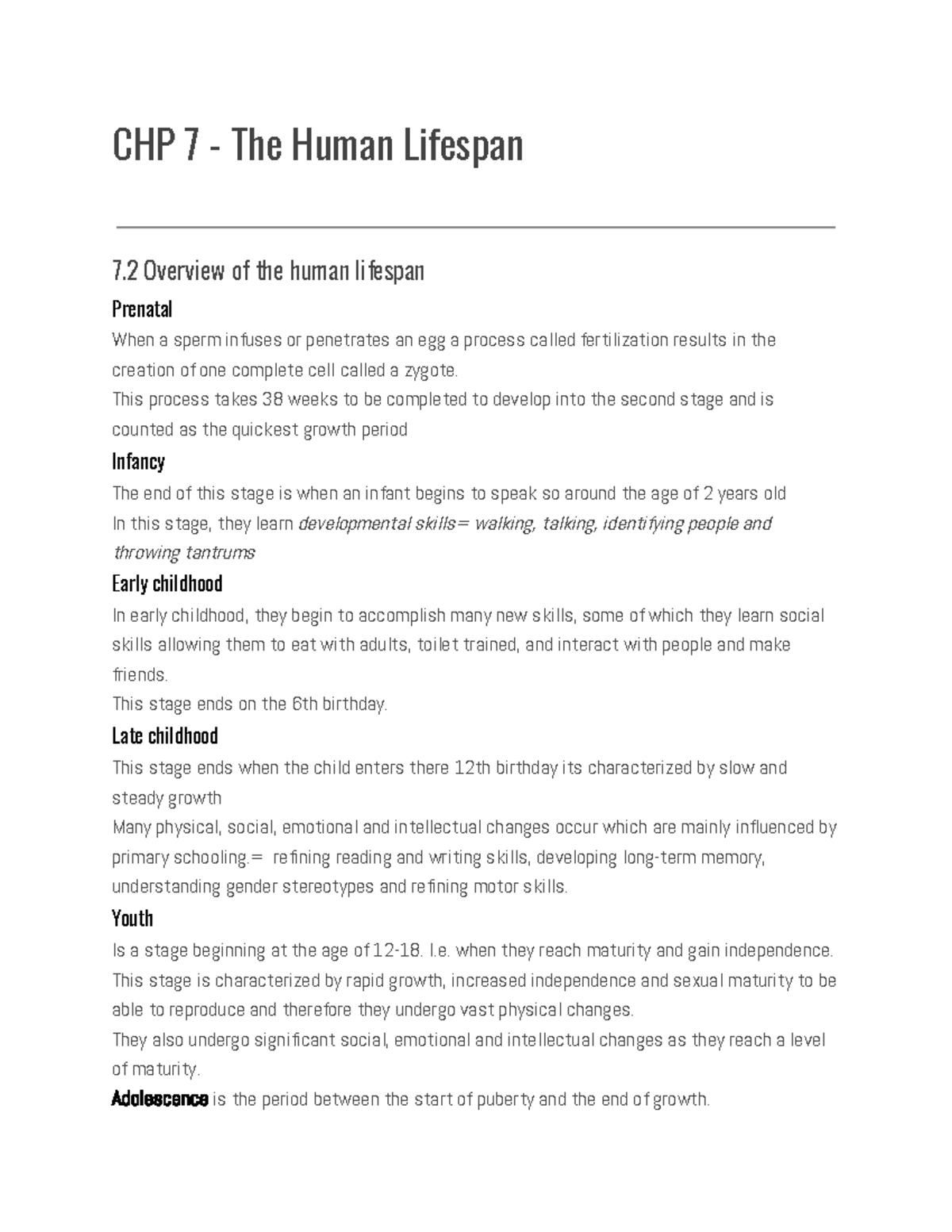 CHP 7: Understanding the Human Lifespan - Key Development Stages - Studocu