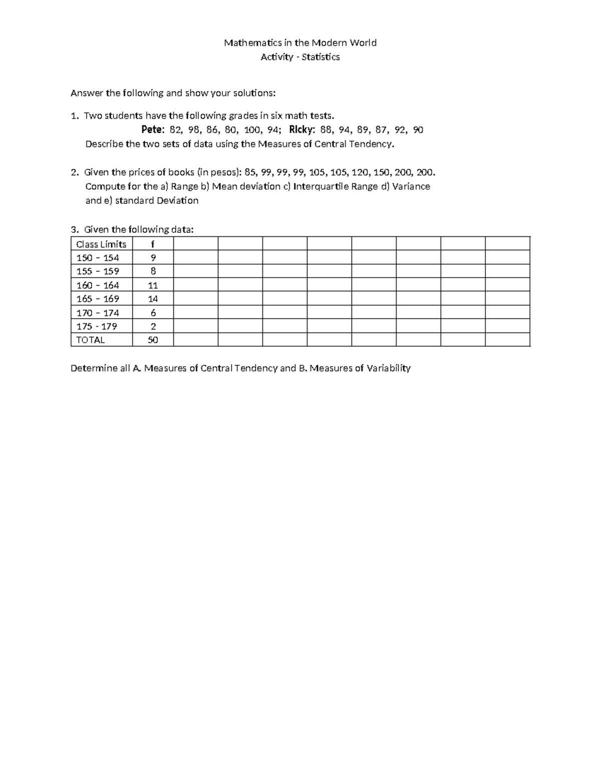 Statistics-ACT- Mathworld - Mathematics in the Modern World Activity ...