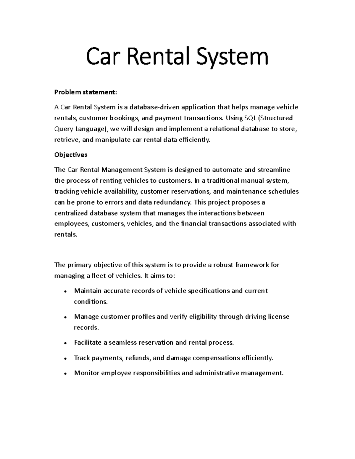 DBMS Project: Car Rental System Design and Implementation - Studocu