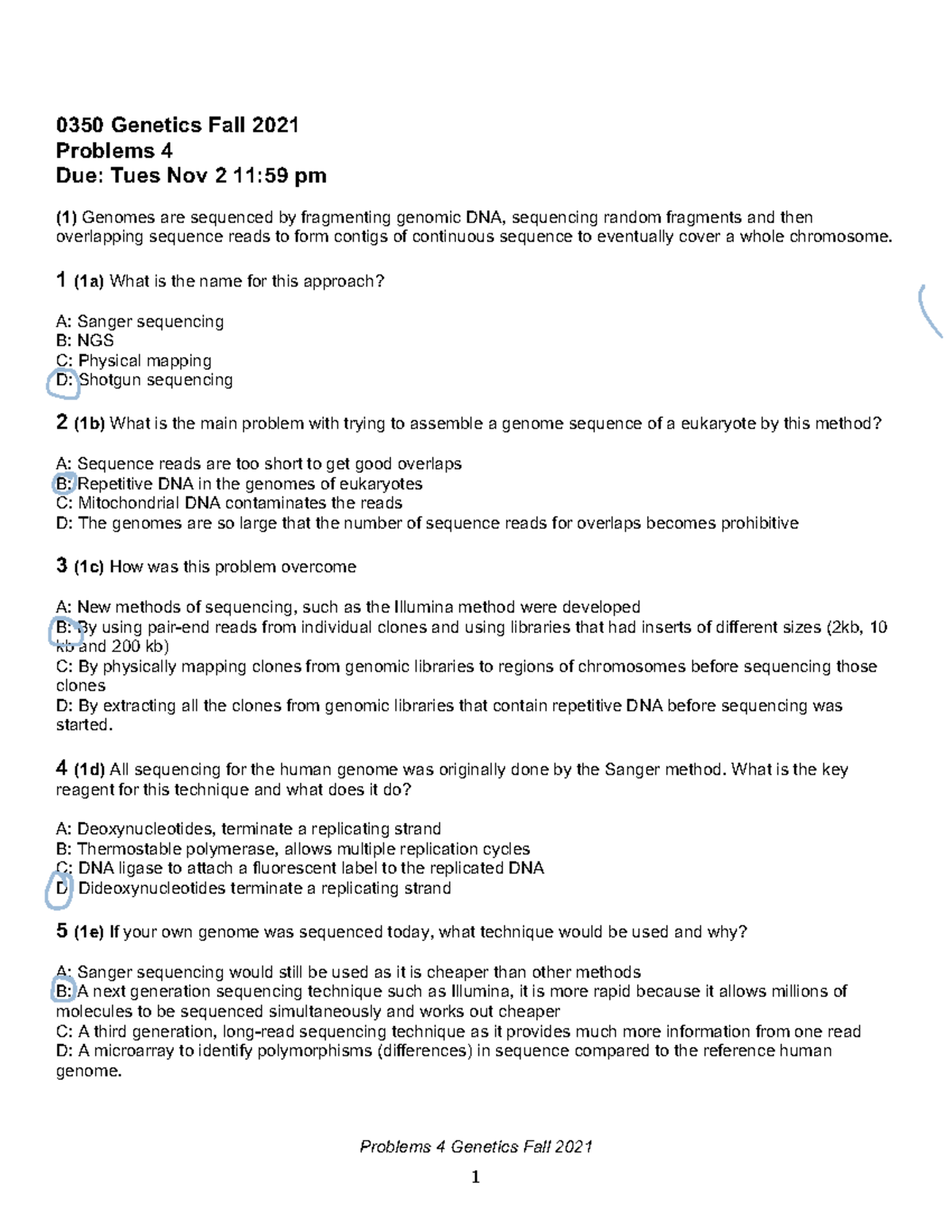 Genetics 0350 - Problems 4 Solutions, Key Concepts, and Explanations ...