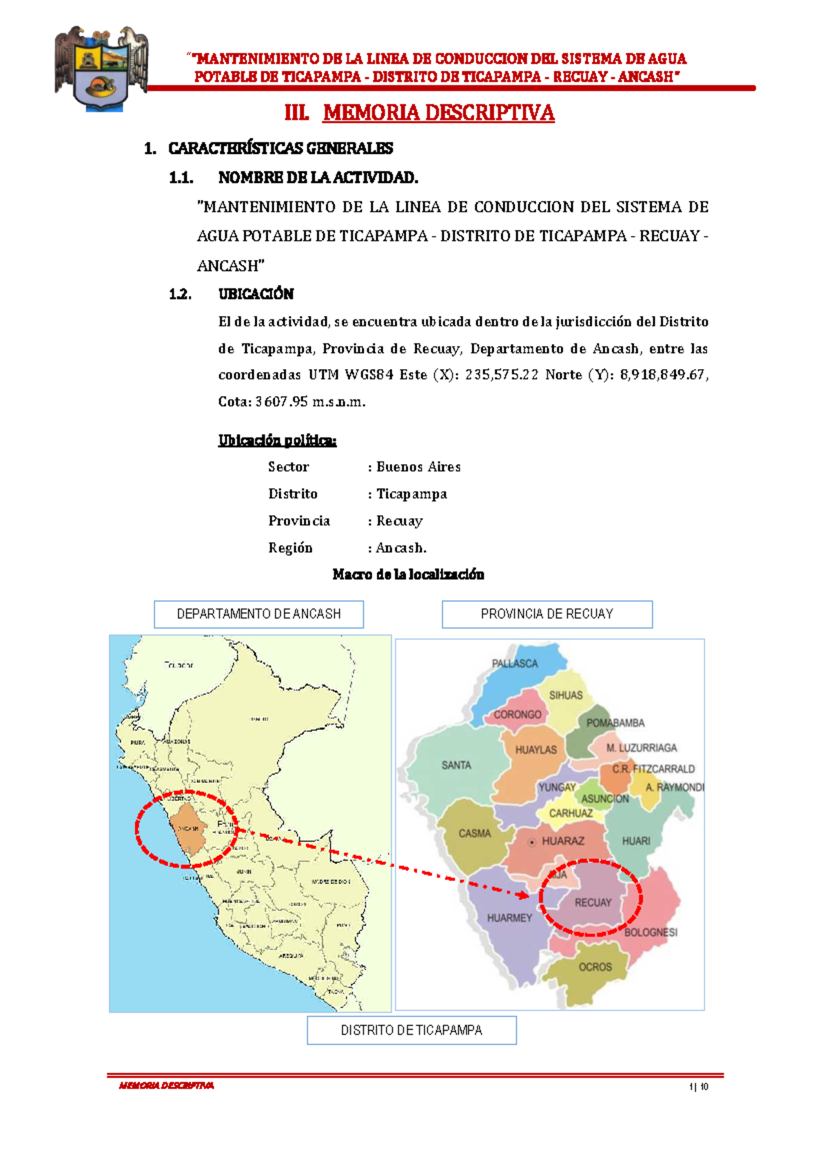 Memoria Descriptiva del Sistema de Agua Potable de Ticapampa - RECUAY - Document Preview