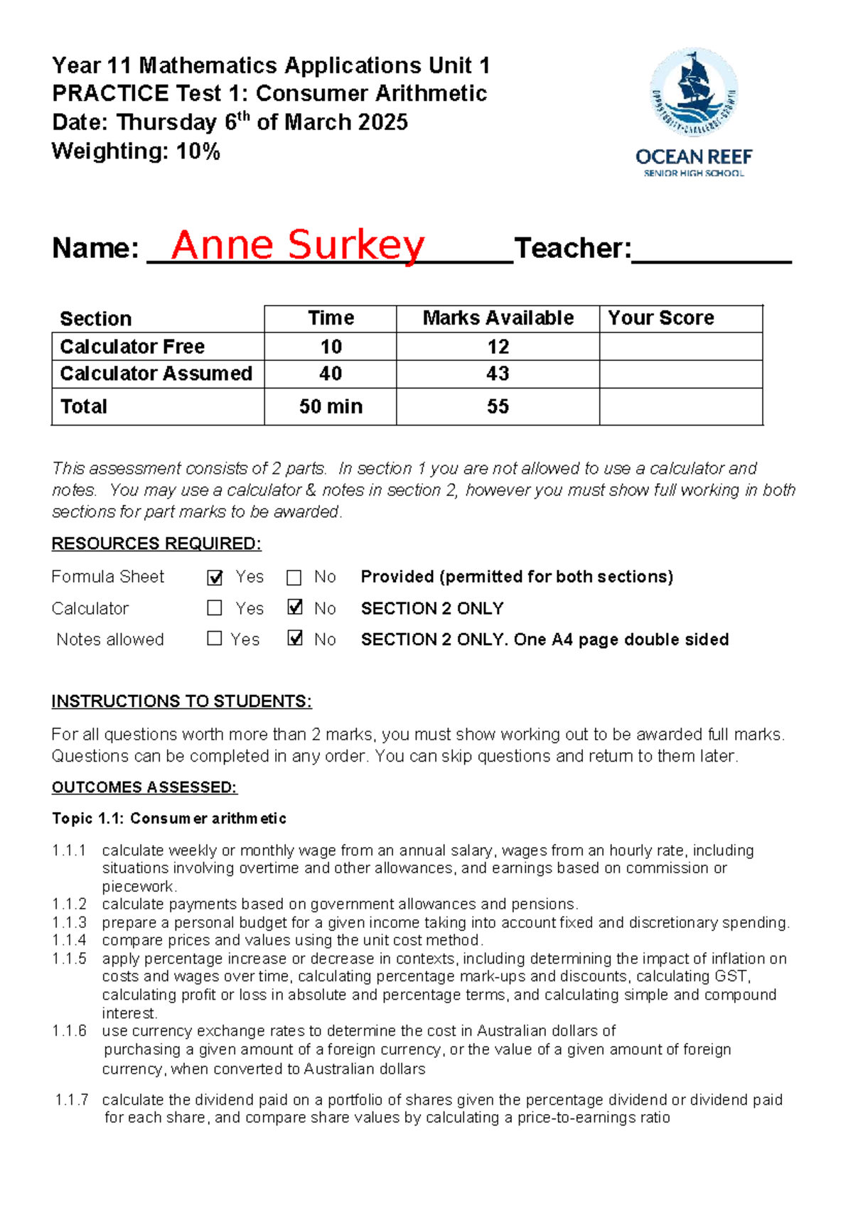 2025 Year 11 Mathematics Applications Unit 1 Practice Test 1 Solutions ...