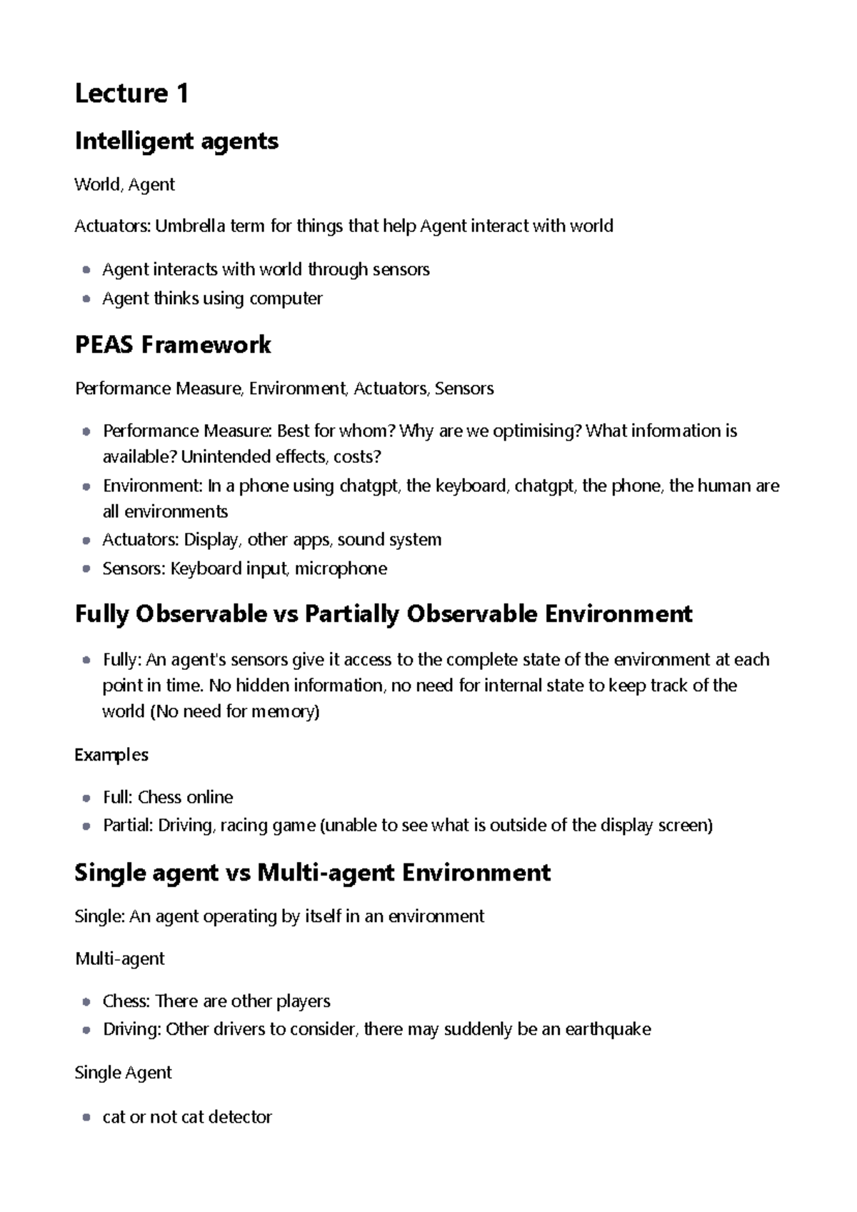 Lecture 1 - Intelligent Agents & PEAS Framework Summary - Studocu