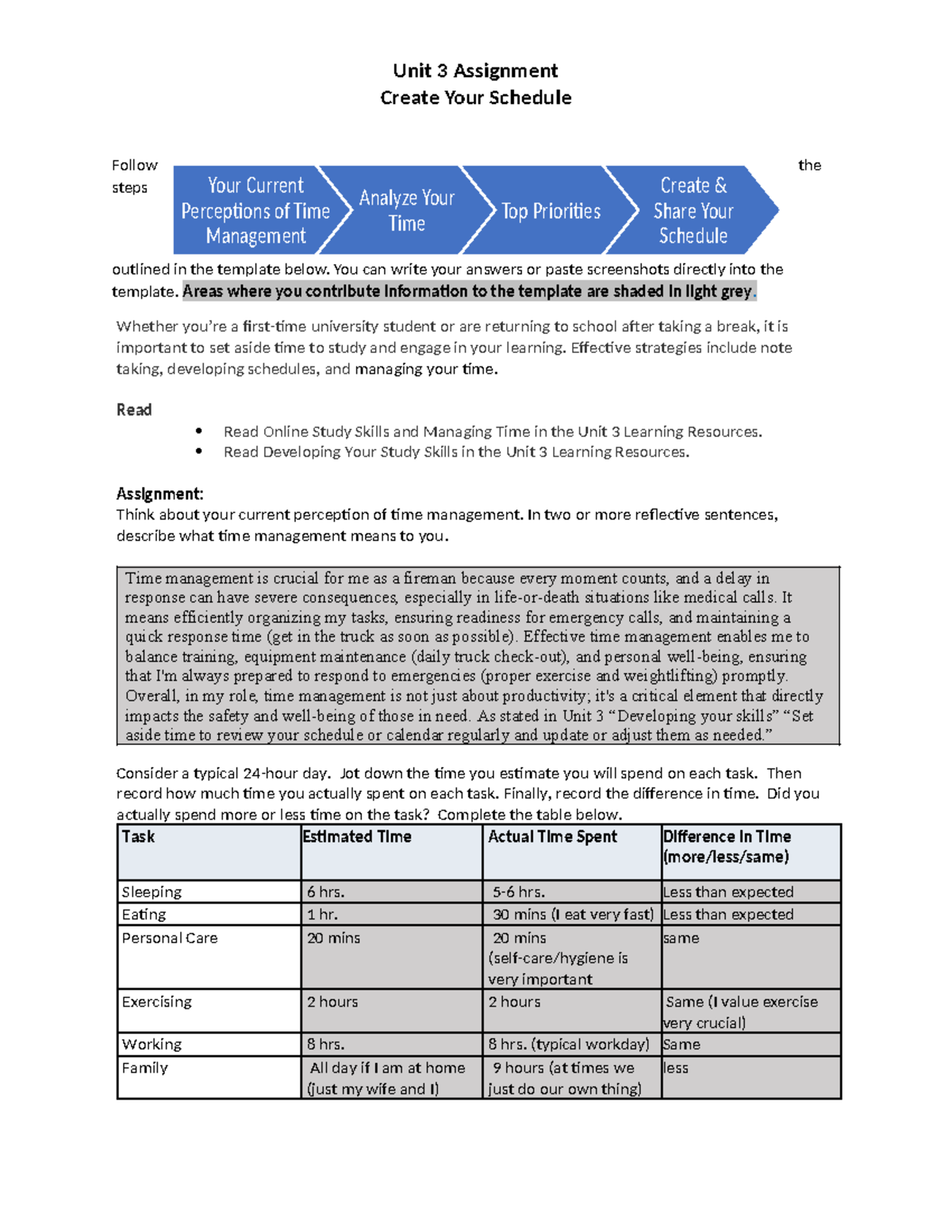 Unit 3 Assignment: Time Management Schedule PACE111B - Studocu