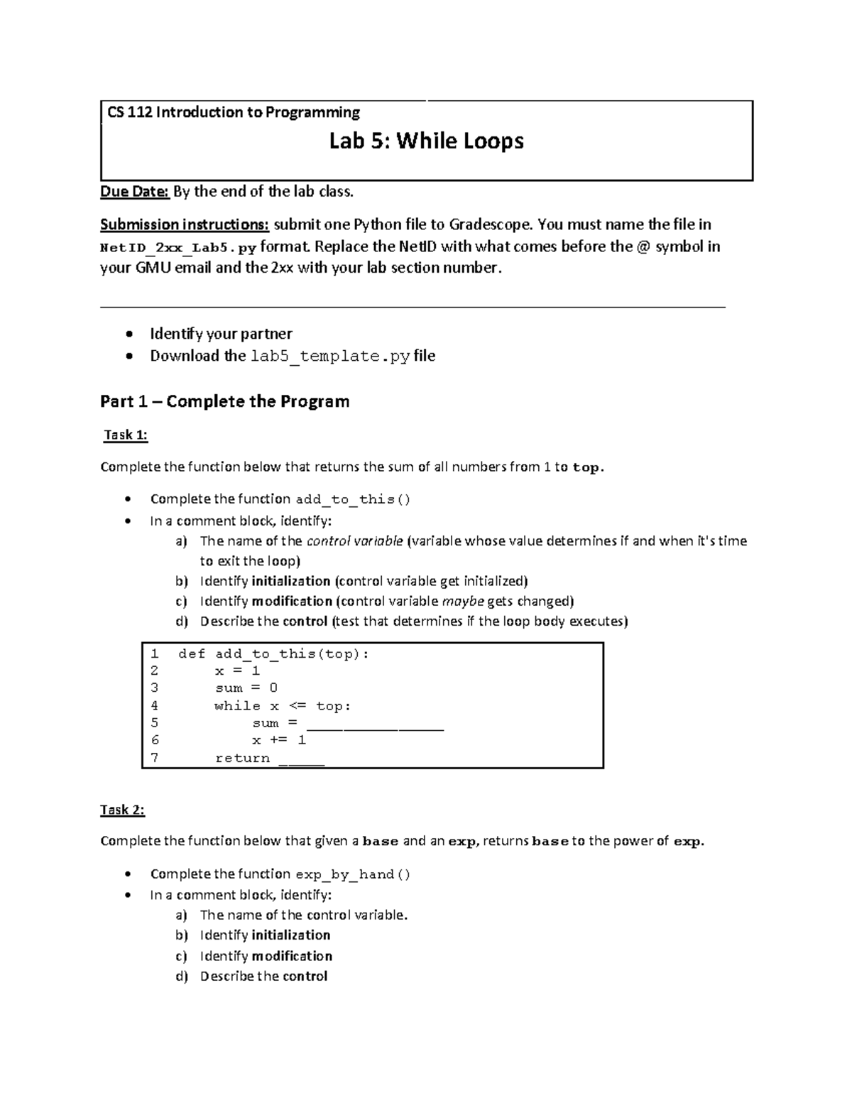 CS 112 Lab 5: While Loops and Control Variables - Studocu