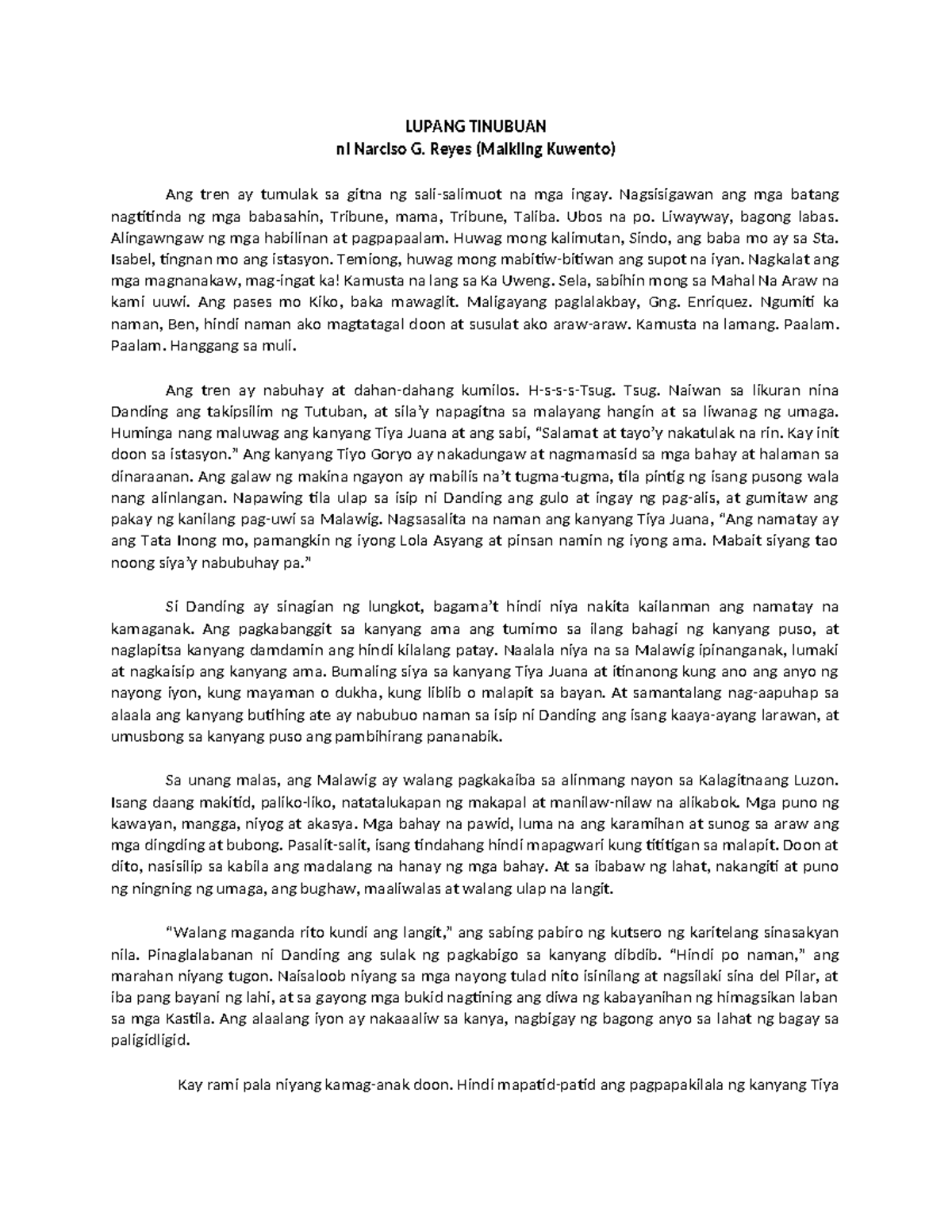 Lupang Tinubuan (Maikling Kuwento ni Narciso G. Reyes) - Document Preview