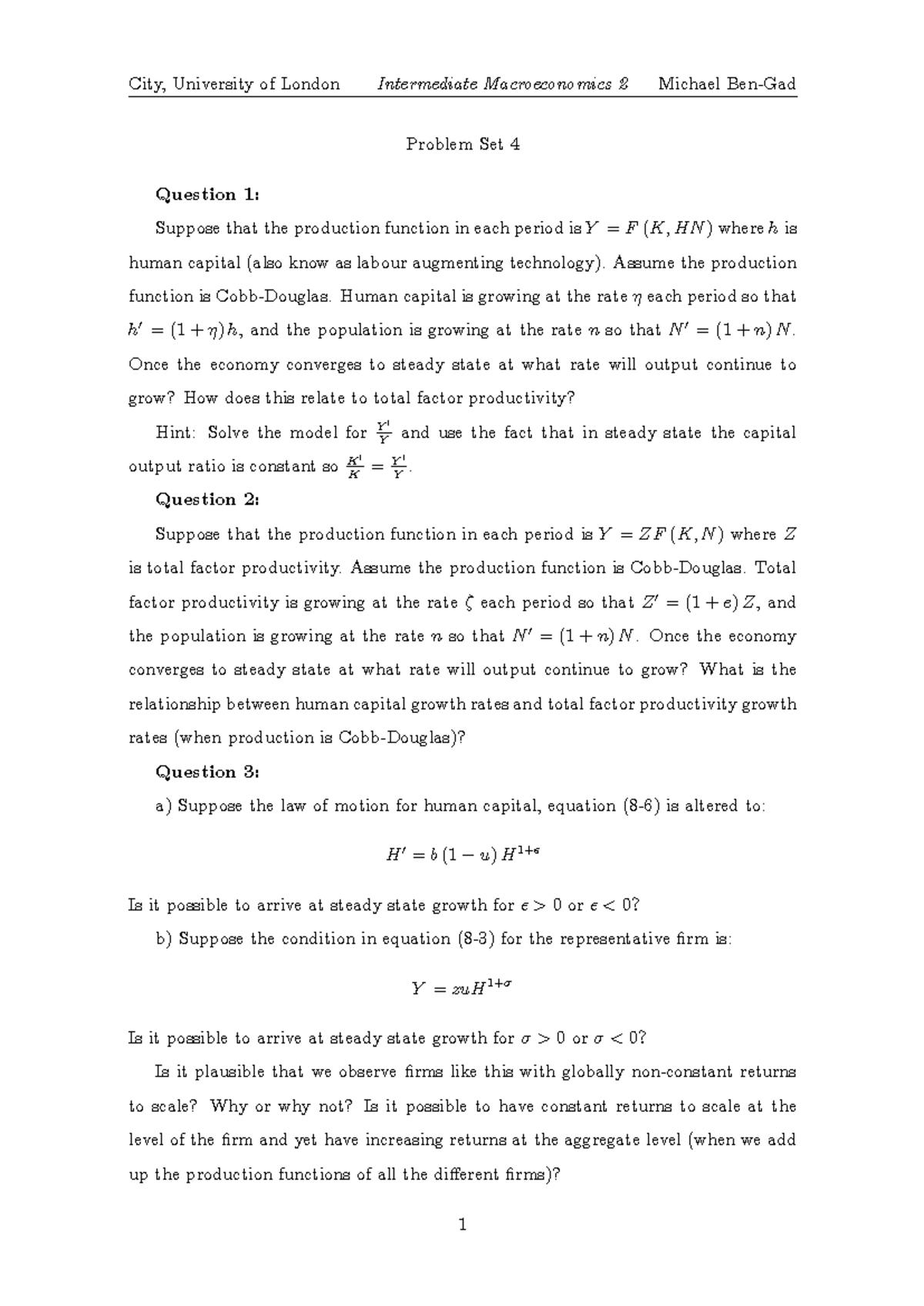 Steady State and Endogenous Growth Questions - City, University of ...