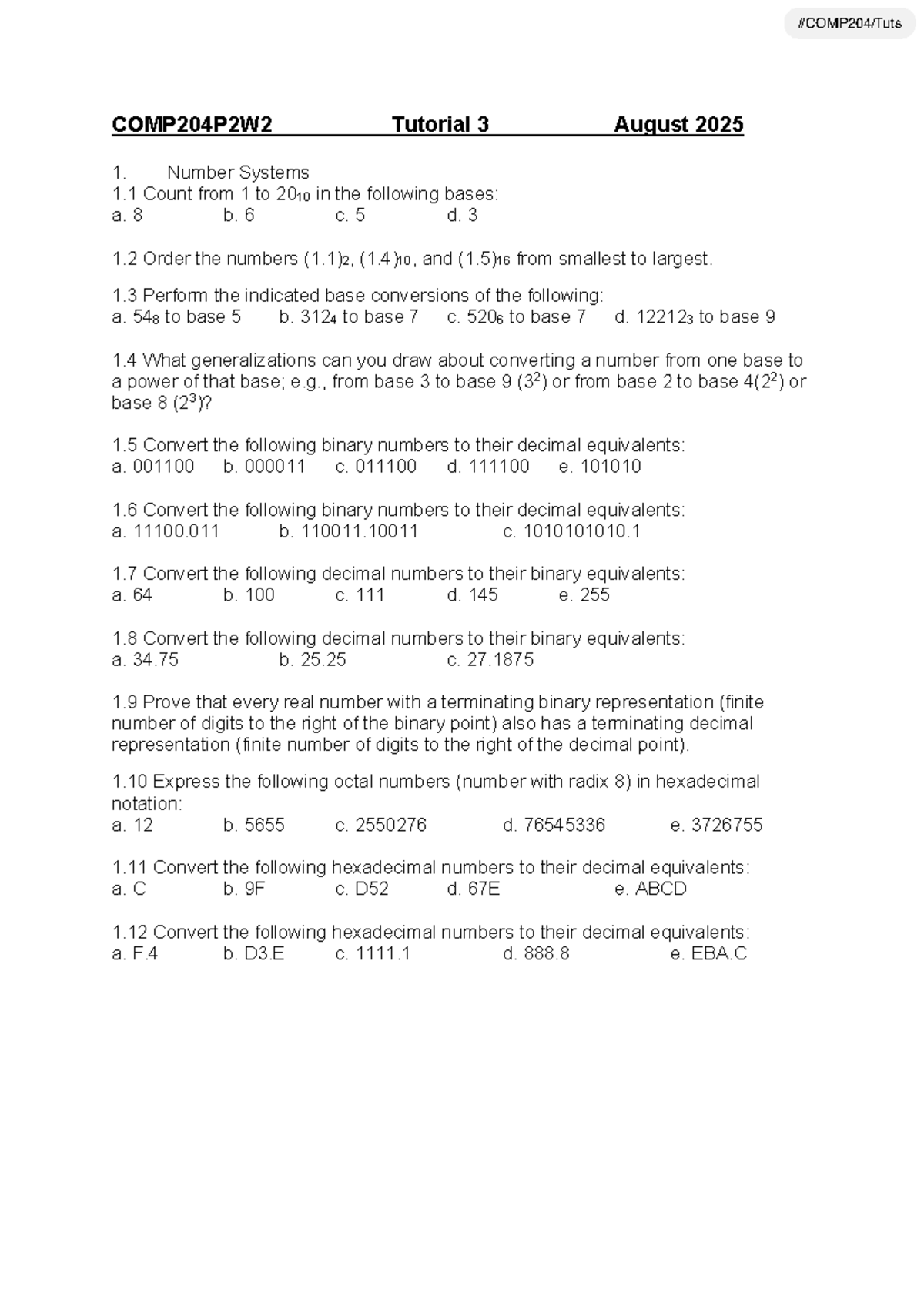 COMP204 P2W2 Tutorial 3: Number Systems & Computer Arithmetic - Studocu
