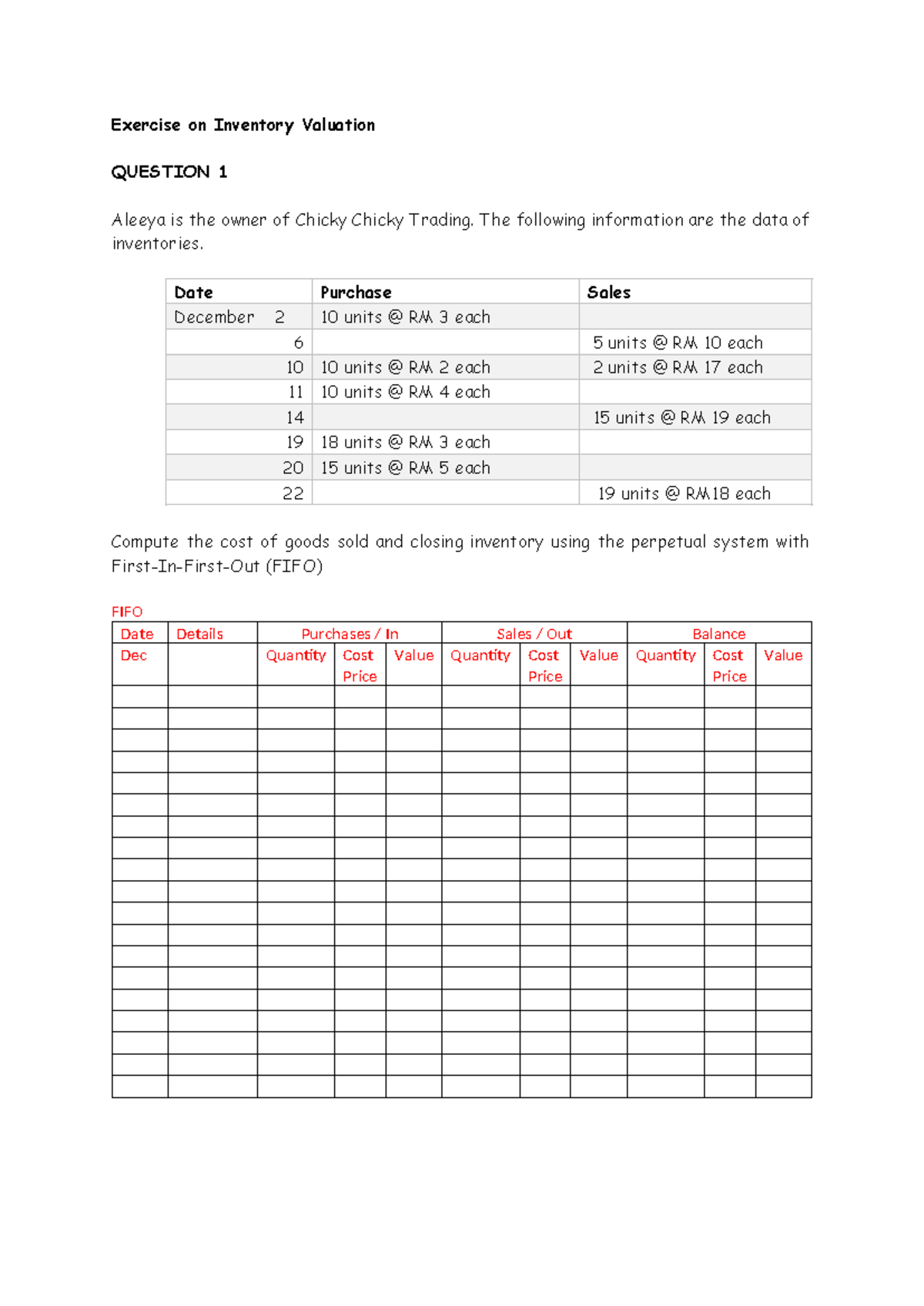 Exercise on Inventory Valuation - Exercise on Inventory Valuation ...