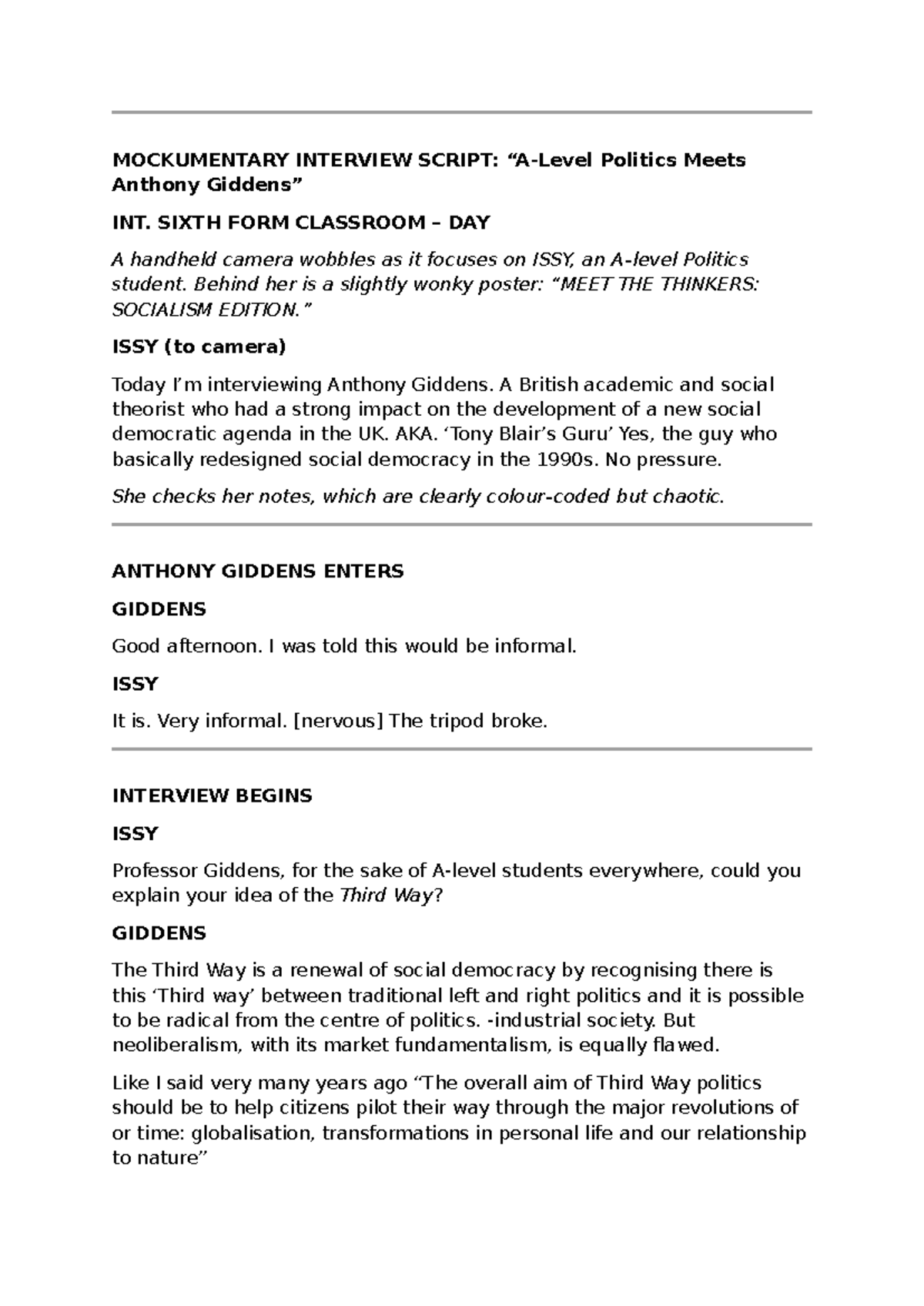 POL101: Mockumentary Interview Script with Anthony Giddens - Studocu