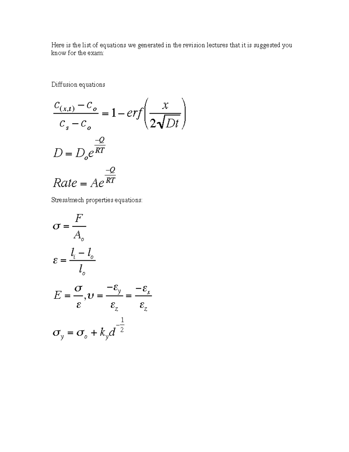 Equation Sheet for Materials - Essential Exam Revision Guide - Studocu