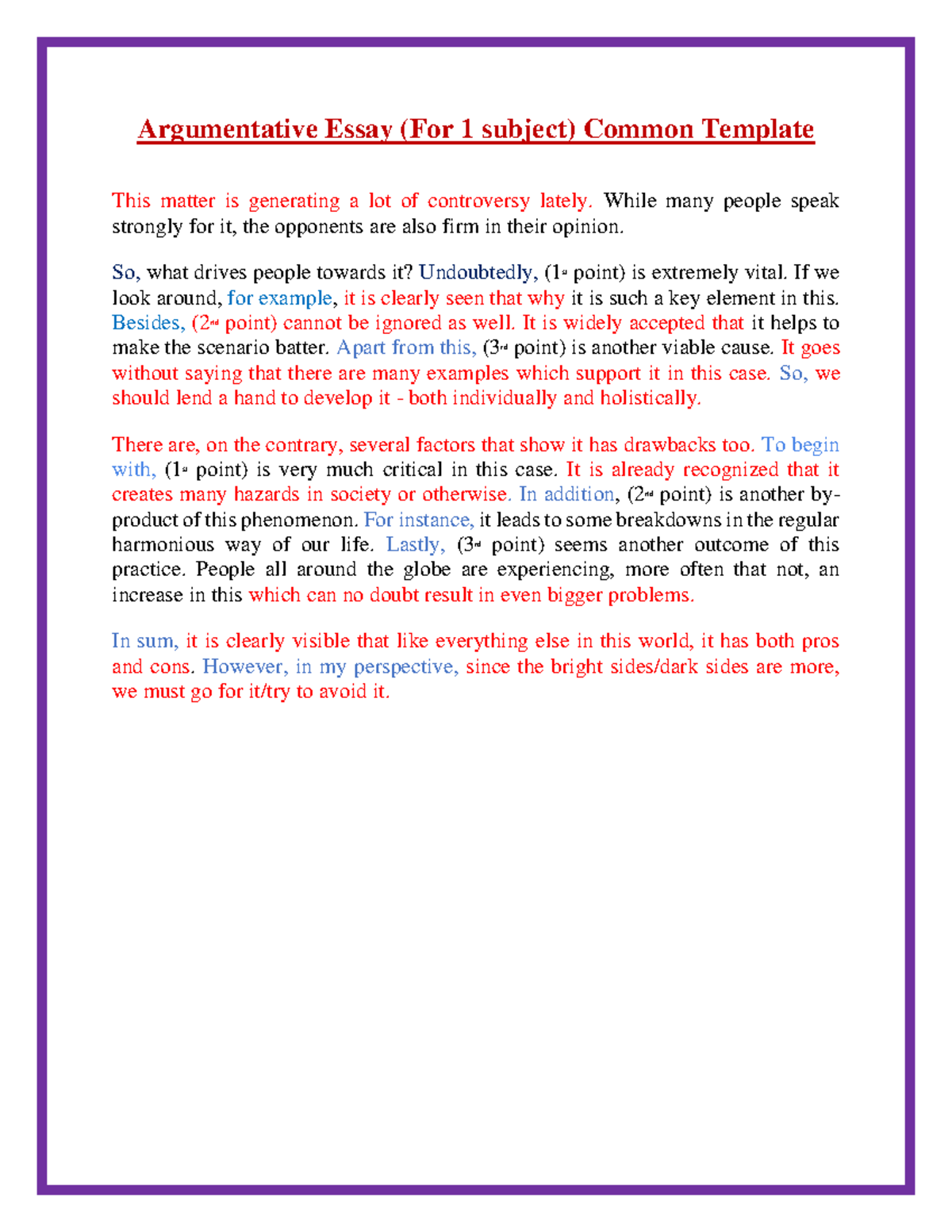 5 Writing TASK 2 Template - Argumentative Essay (For 1 subject) Common ...
