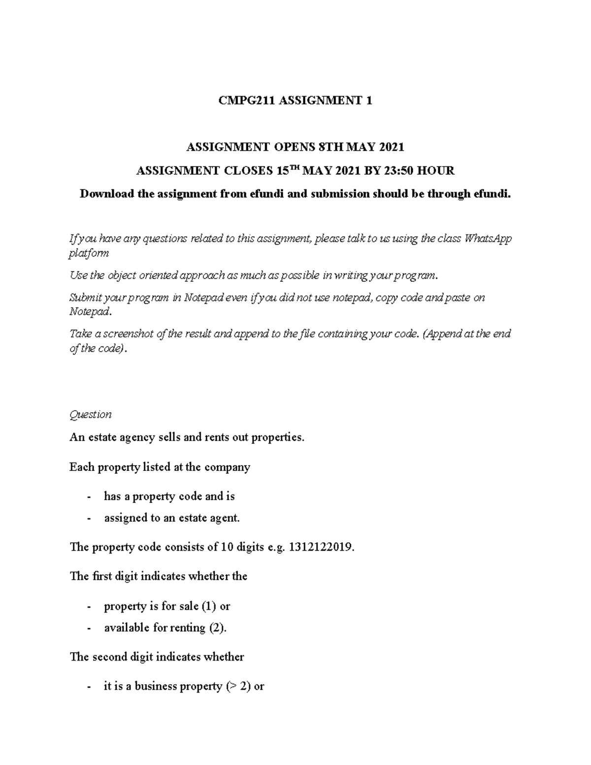 CMPG211 Assignment 1: Object-Oriented Property Management 2021 - Studocu