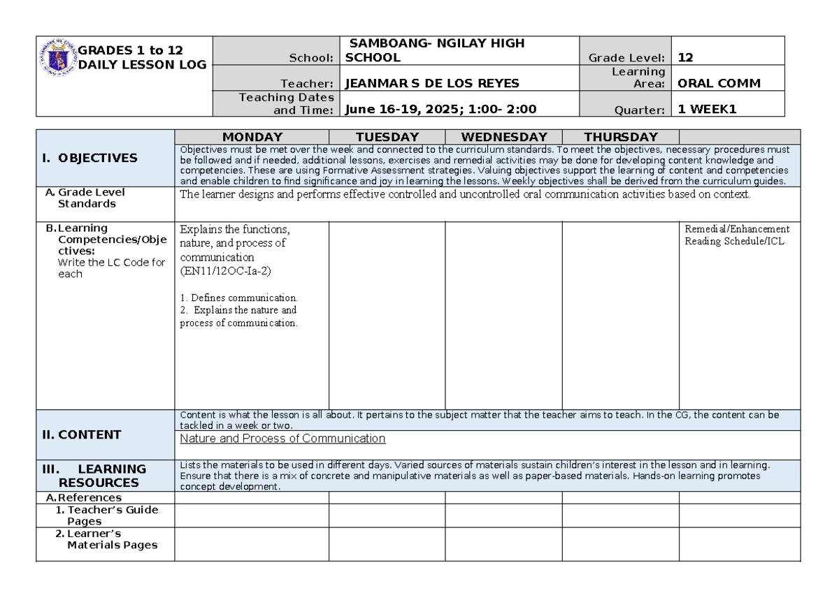 DLL Oral Comm Q1 W1 - Daily Lesson Log for Grade 12 - Studocu
