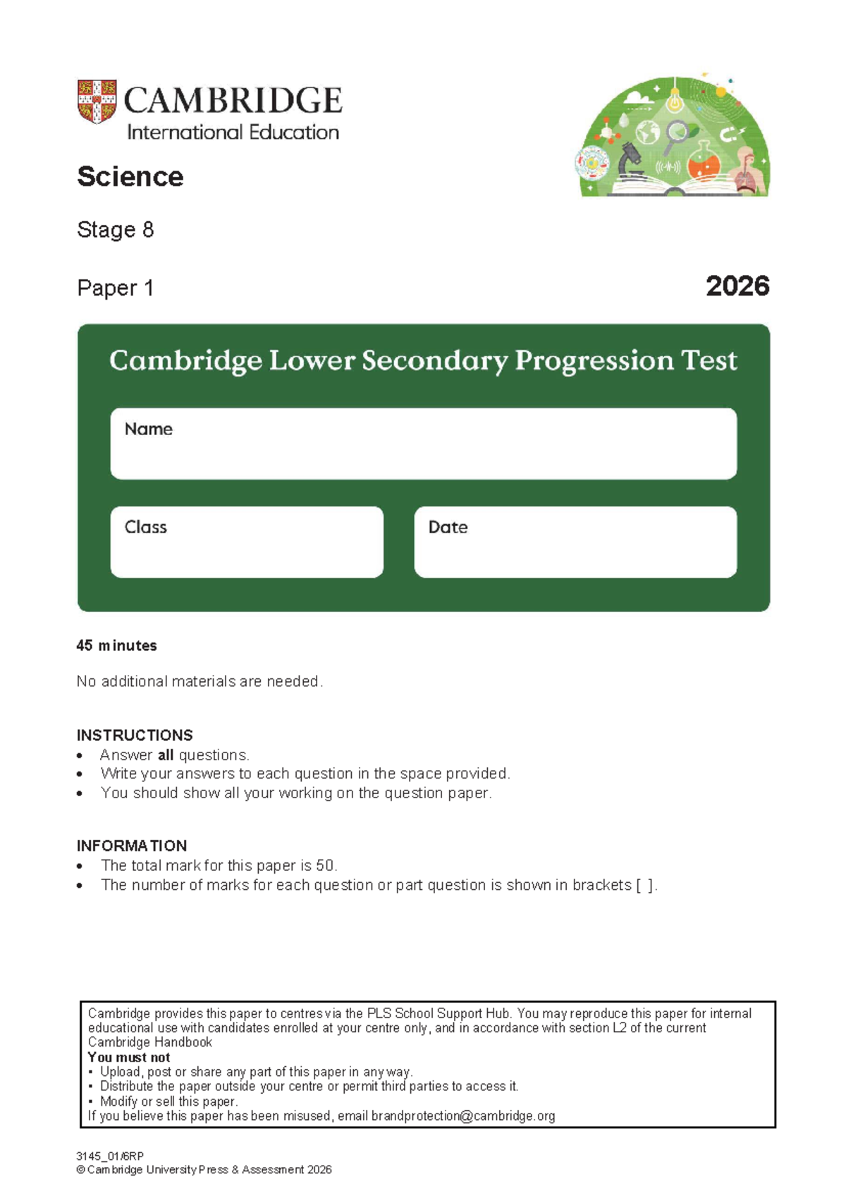 Science Stage 8 Paper 1 Exam 2026 - 45 Minutes Duration - Document Preview