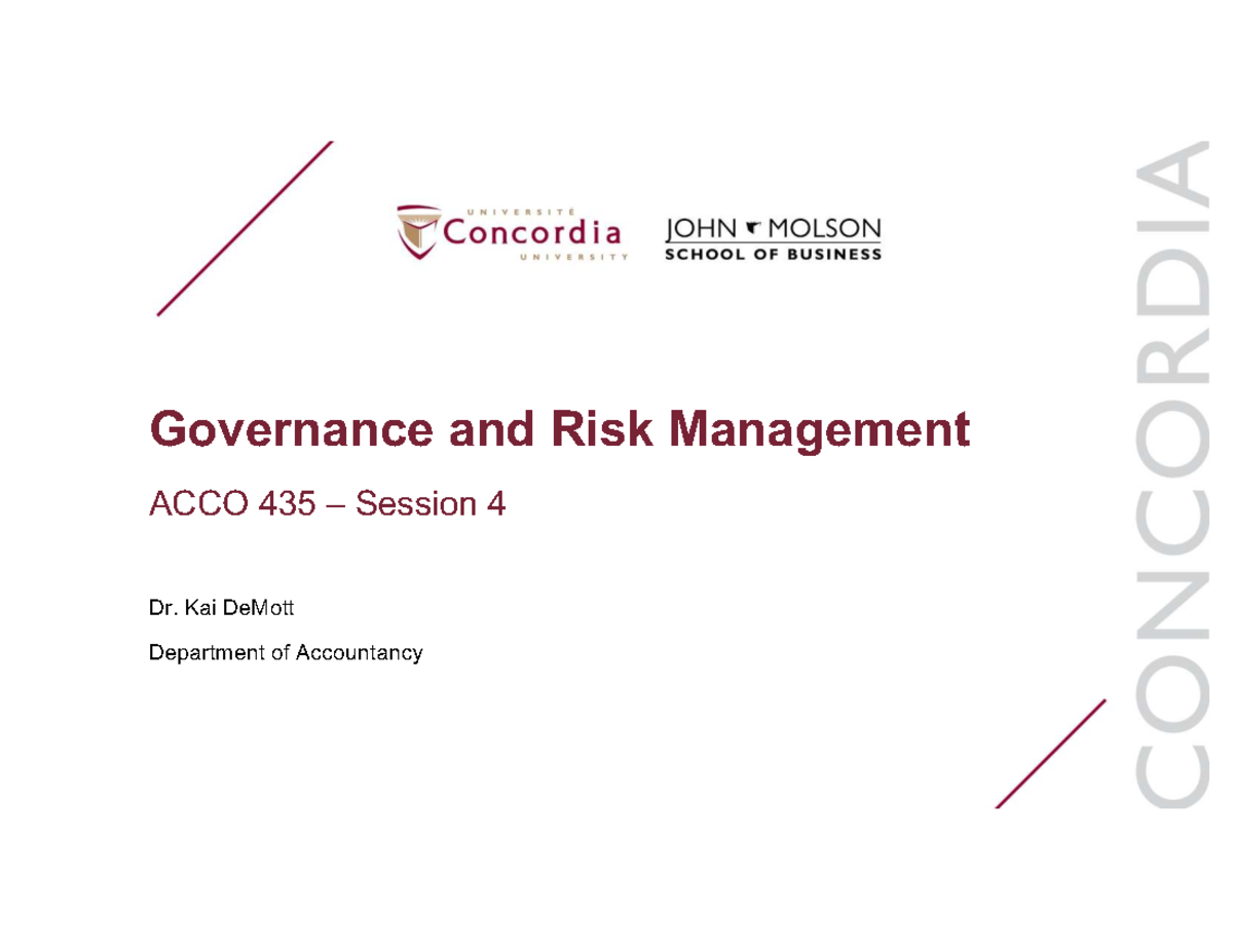 ACCO 435 - Governance and Risk Management Overview - Session 4 - Studocu