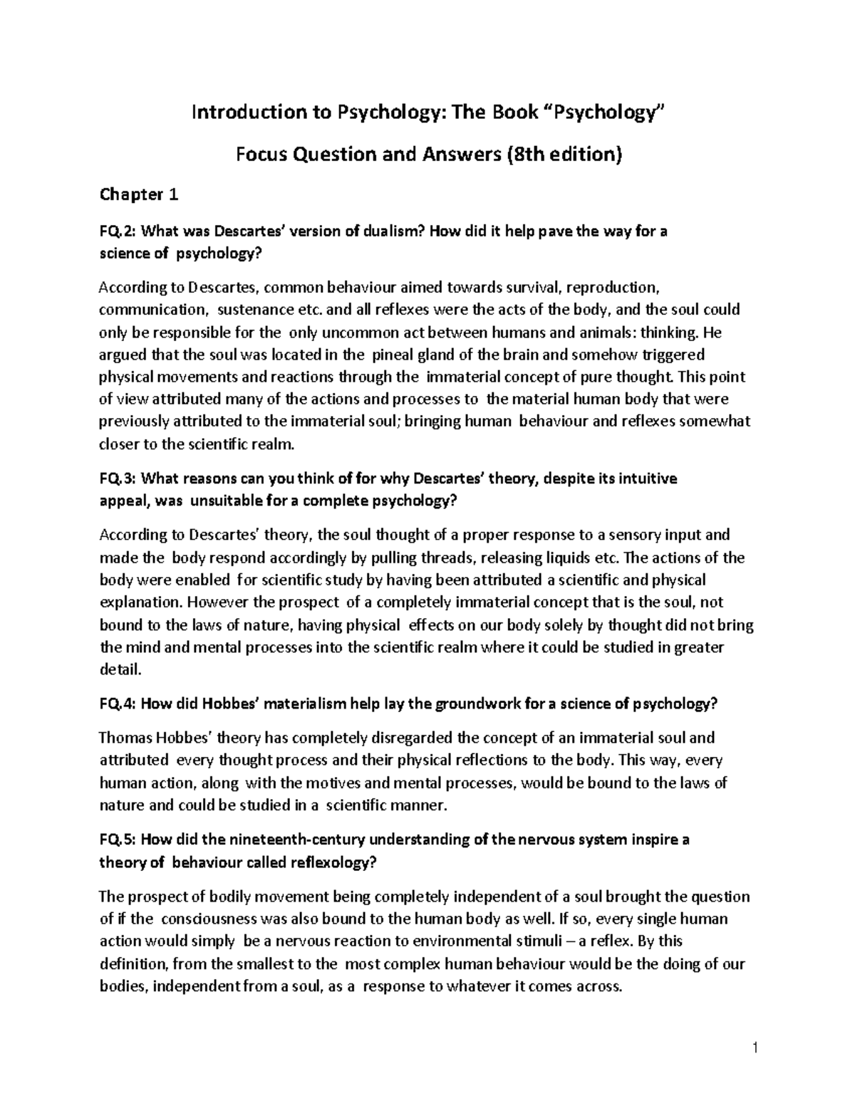 Psychology Focus Questions & Answers: Chapter 1 - PSY101 - Studeersnel