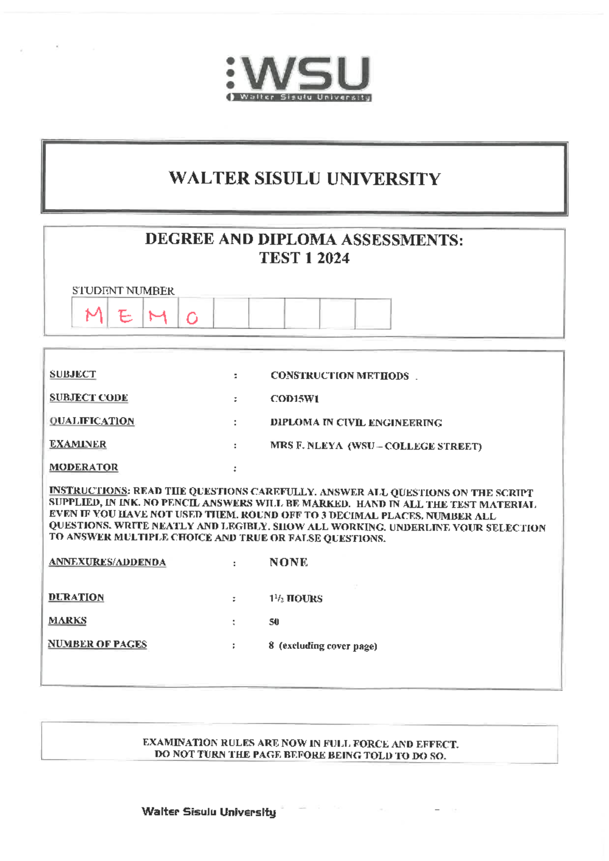 Construction Methods COD15W1 Class Test 1 Memo - 2024 - Studocu
