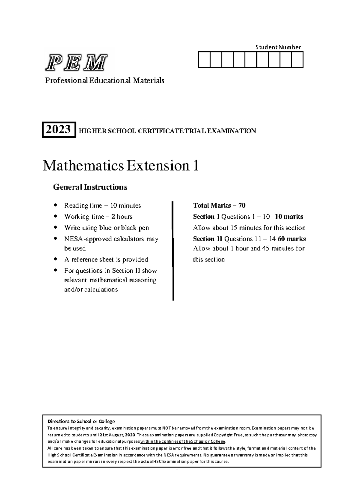 PEM 2023 Mathematics Extension 1 Trial HSC Exam Paper - Studocu