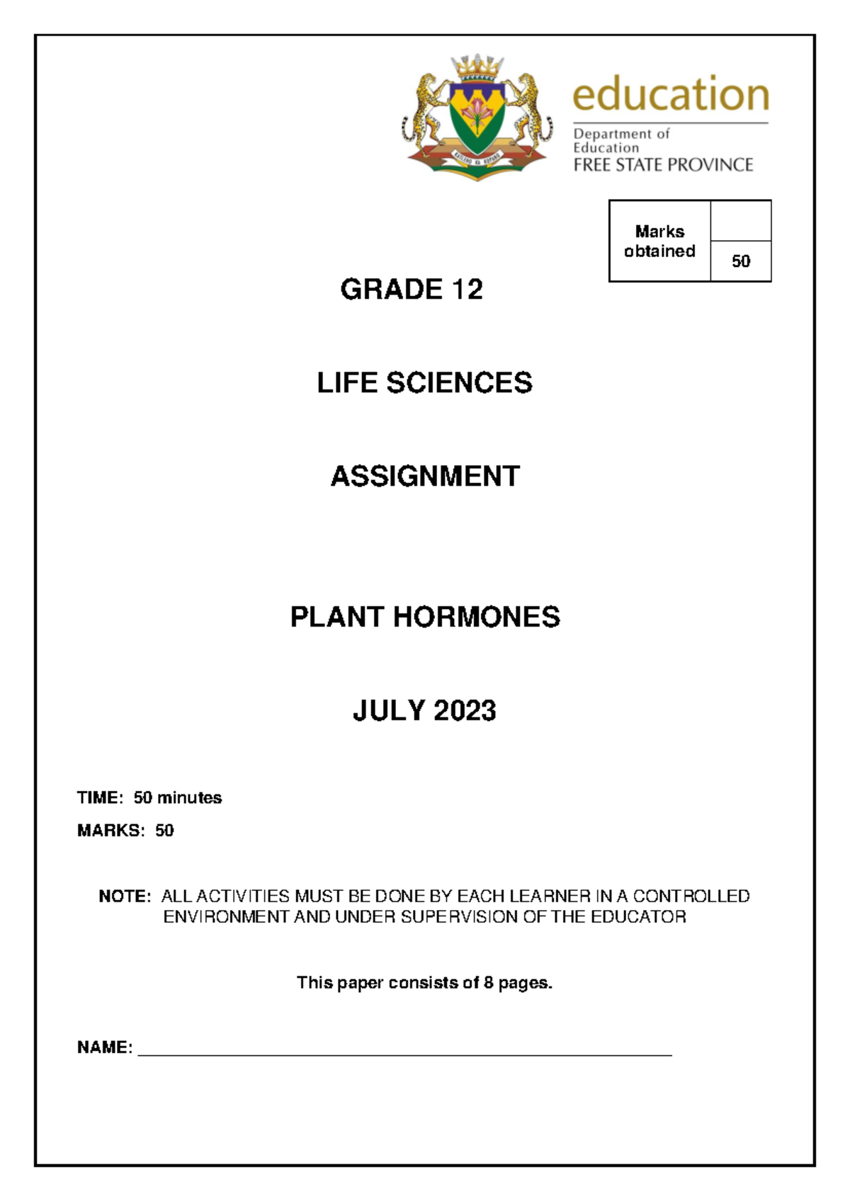 Gr 12 Life Sciences Assignment - Plant Hormones Analysis ENG 361 - Studocu