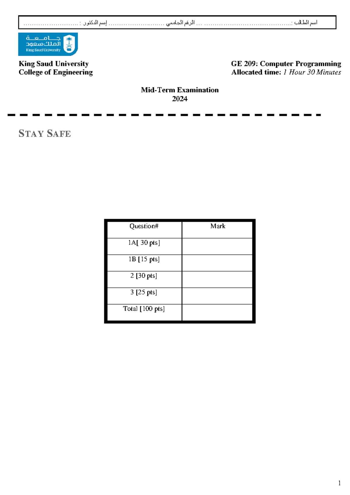 Midterm Exam GE 209: Computer Programming Questions & Answers 2024 ...