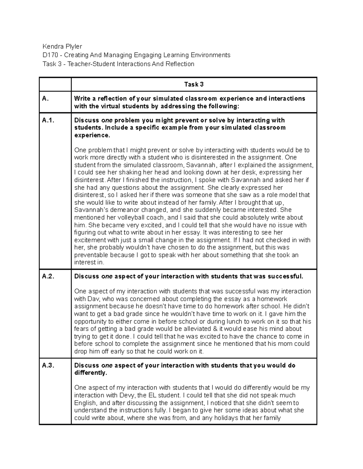 D170 - Task 3 Reflection on Teacher-Student Interactions - Studocu
