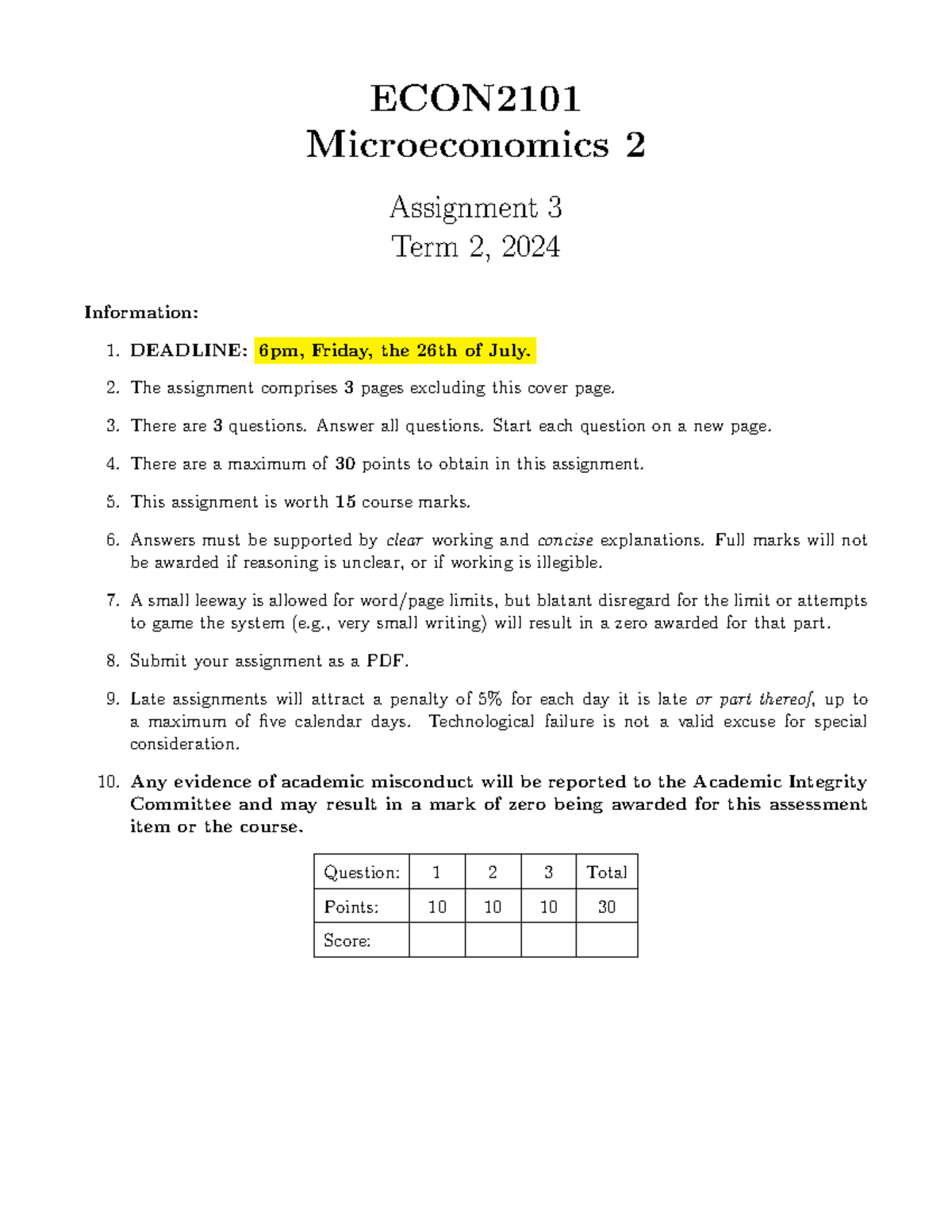 ECON2101 Assignment 3 Details for Term 2, 2024 - Studocu