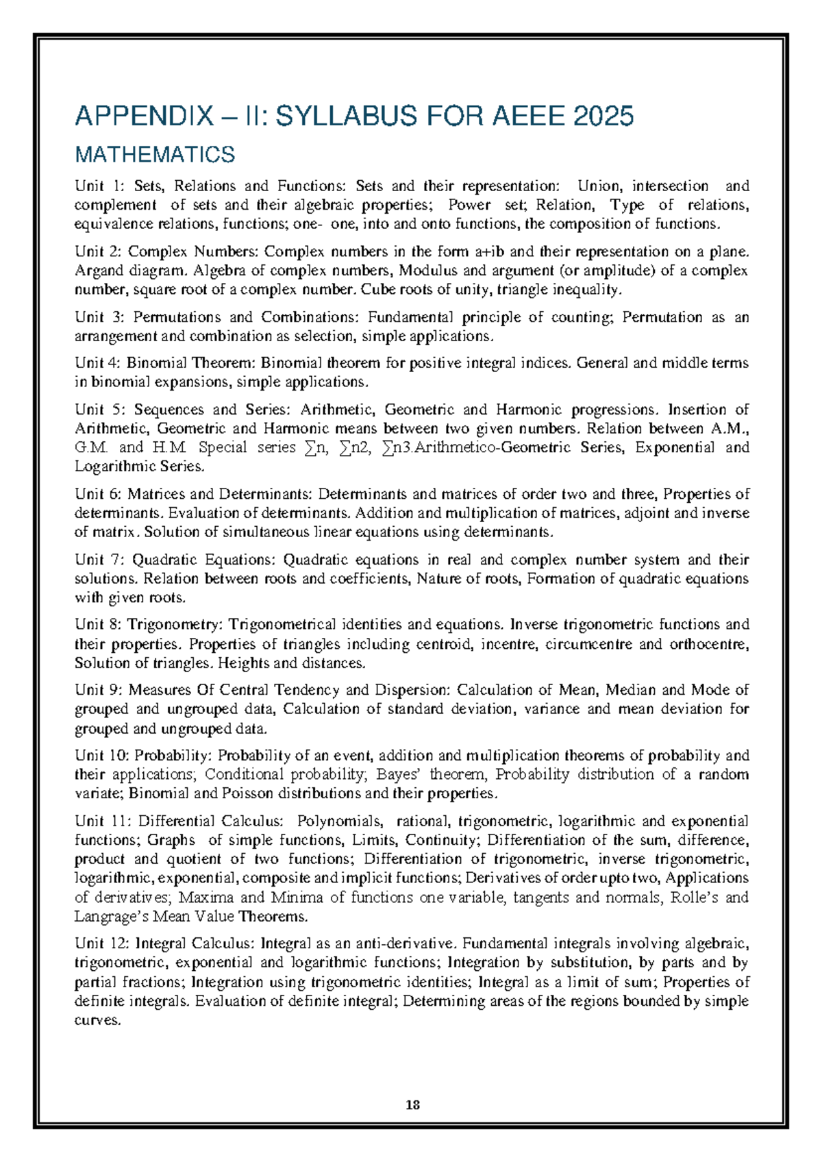 EE 2025: Comprehensive Syllabus for Mathematics, Physics, and Chemistry ...