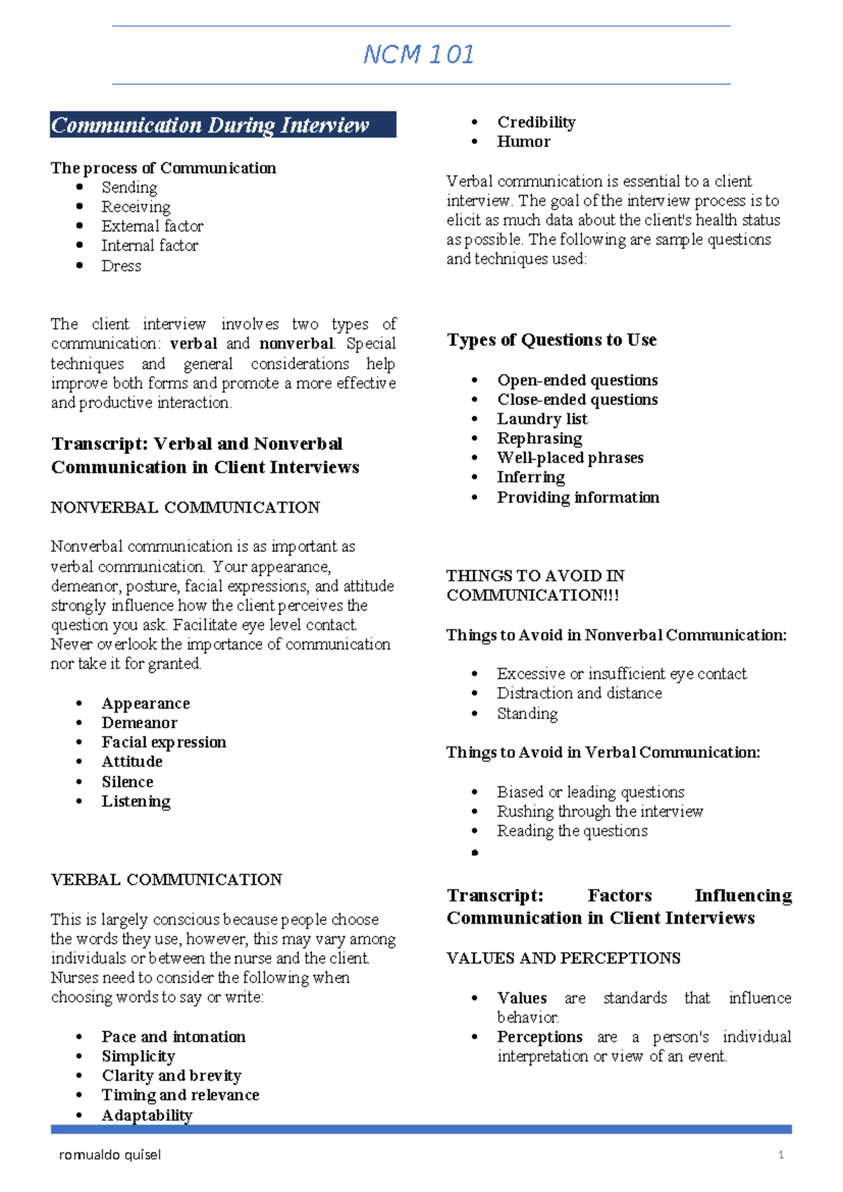 QUI Communication During Interview - Communication During Interview The ...