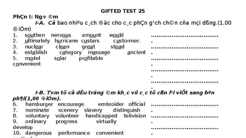 GIFTED TEST 25: PhÇn I & II - Từ Vựng và Ngữ Pháp - Studocu