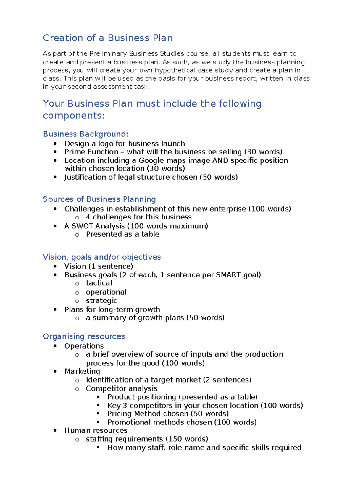 BUS 101: Creation of a Business Plan for Preliminary Business Studies ...