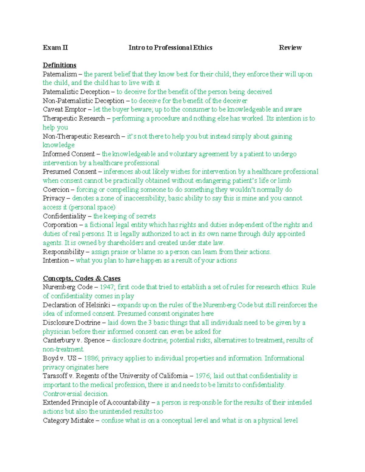 Intro to Professional Ethics Exam II Review: Key Concepts & Definitions ...