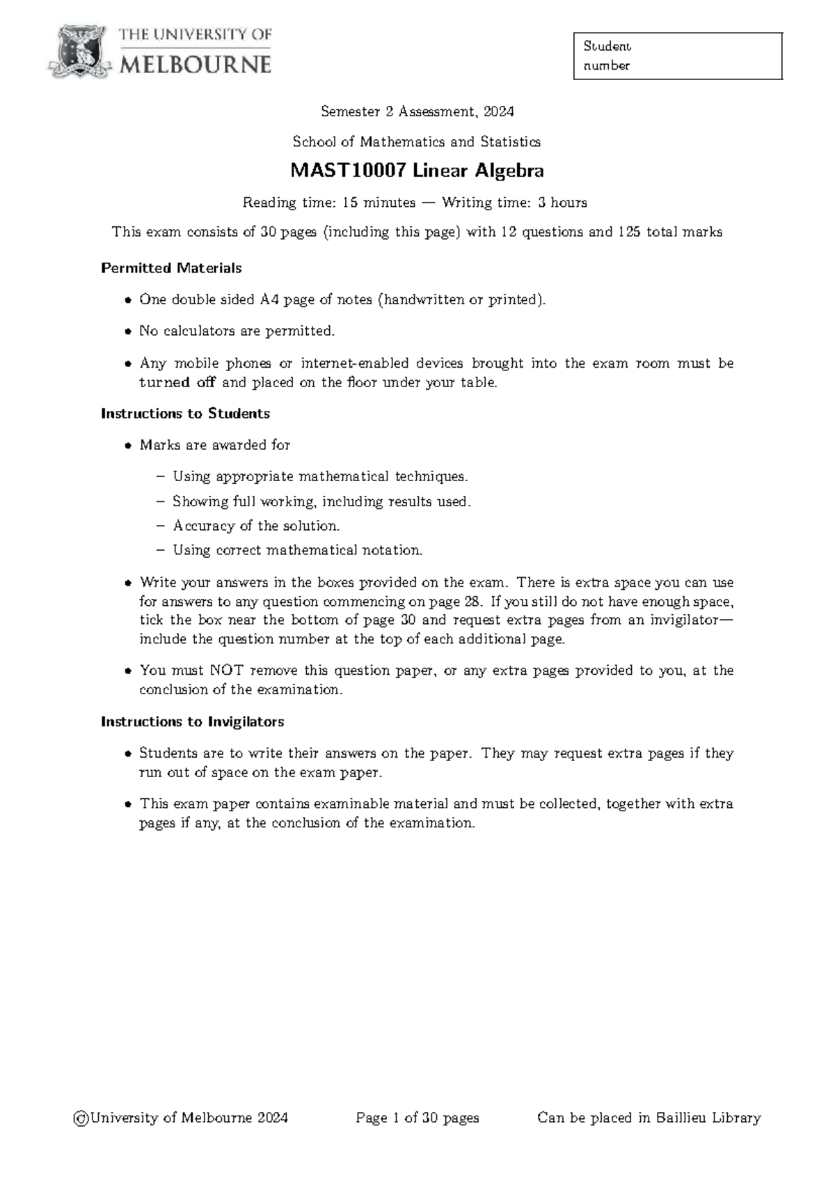 Exam MAST10007 Linear Algebra Semester 2, 2024 - 30 Pages - Studocu