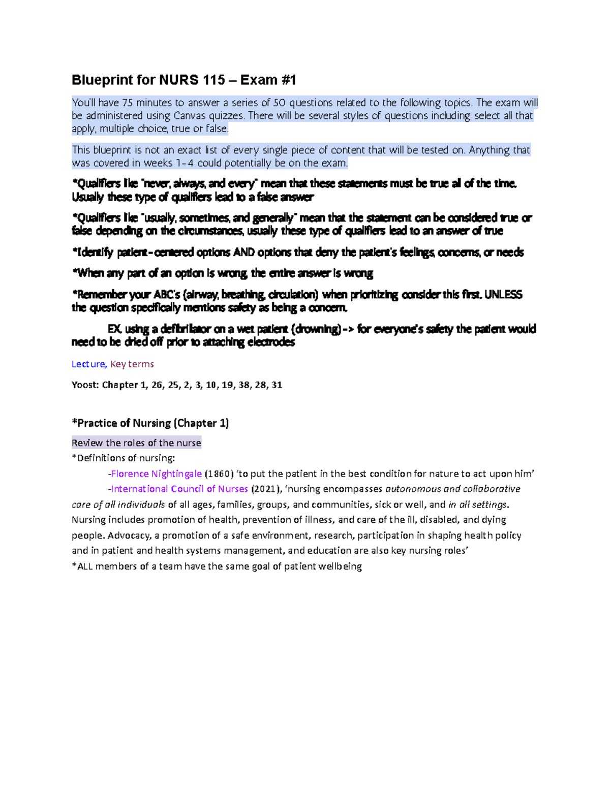 NURS 115 Exam #1 Blueprint: Key Nursing Insights & Review Guide - Studocu