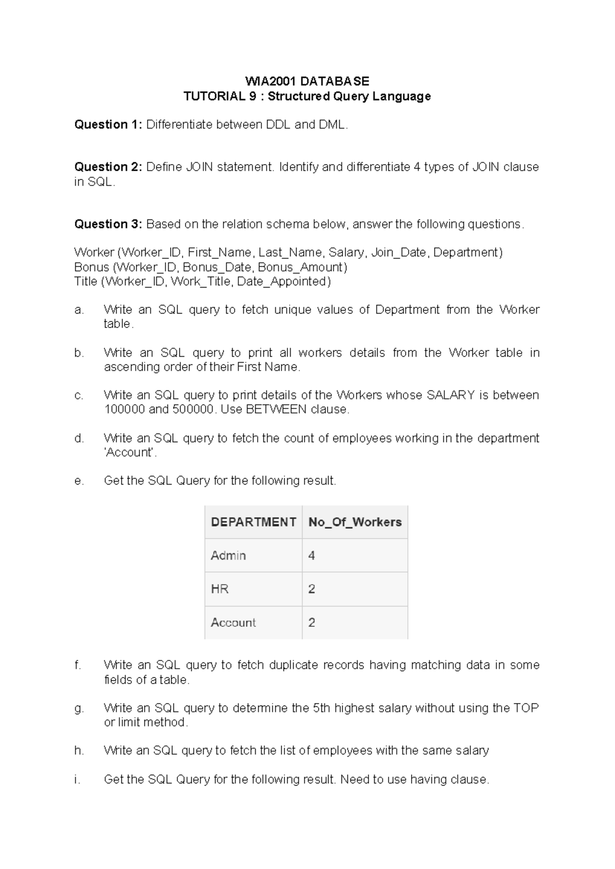 WIA2001 Database TUT9: SQL DDL, DML, and JOIN Queries Explained - Studocu