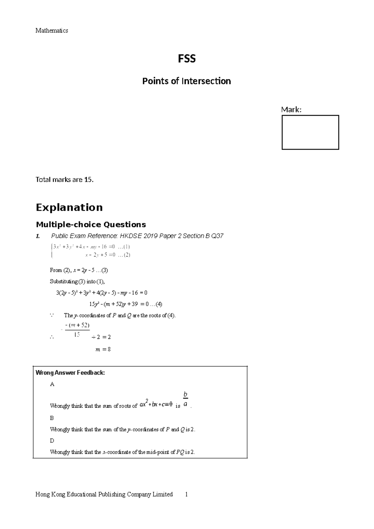 Mathematics FSS Points of Intersection - HKDSE Exam Solutions - Studocu