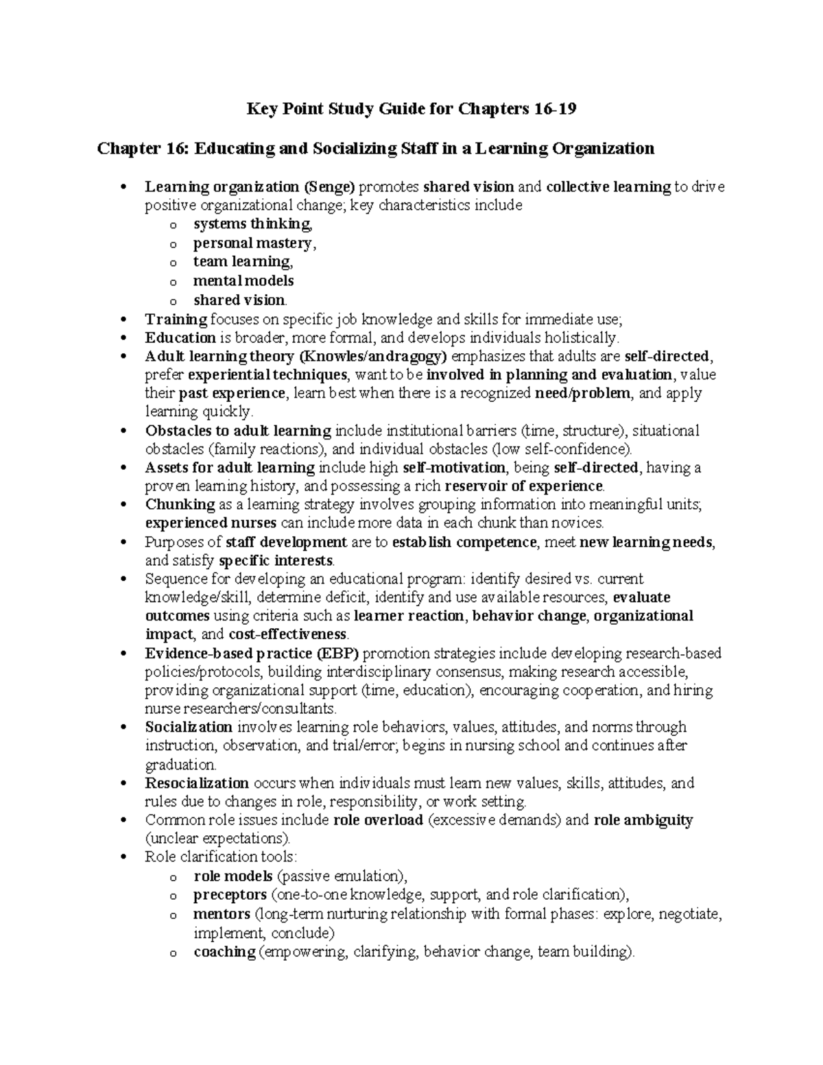 Key Point Study Guide for Chapters 16-19: Educating Staff & Staffing ...