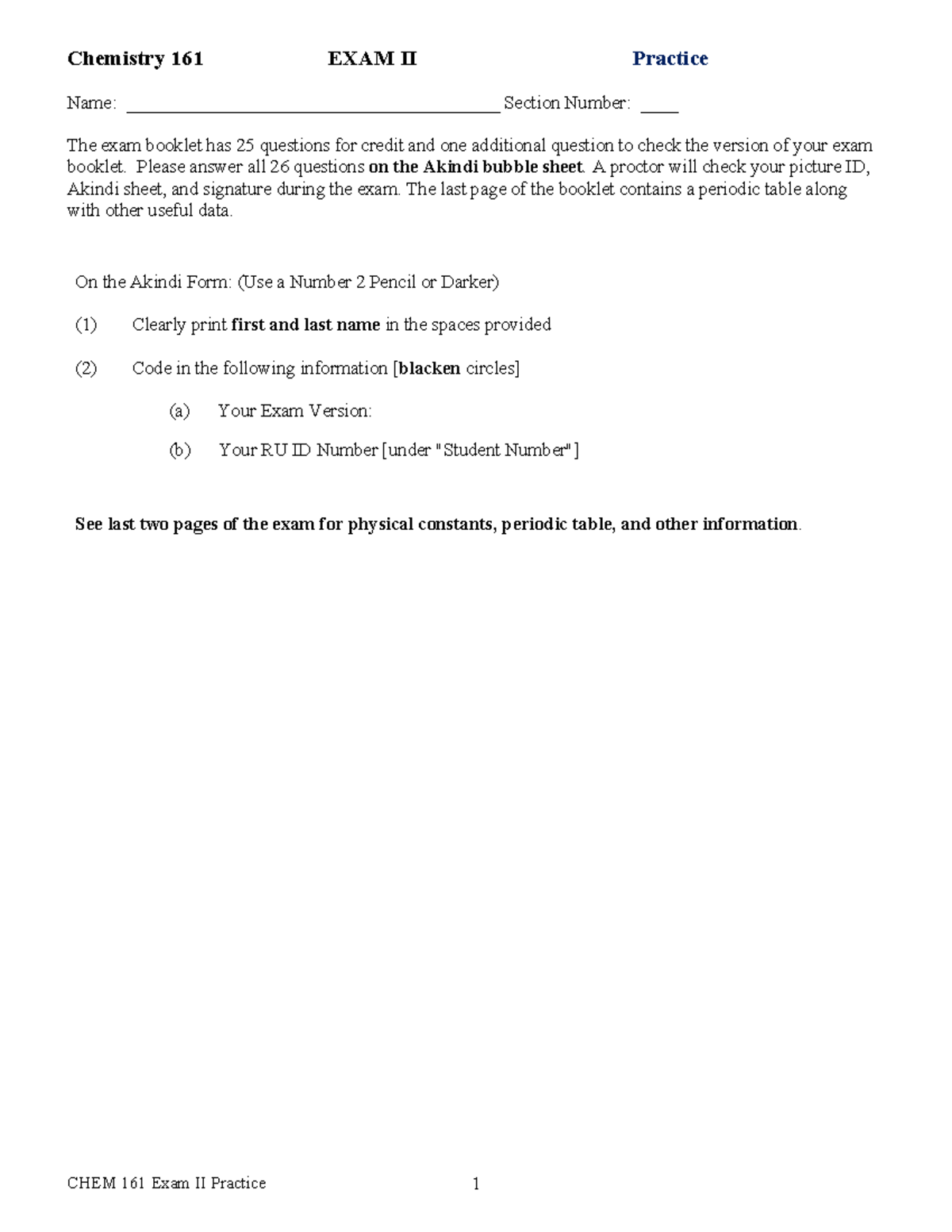 Practice Exam II - CHEM 161 Study Guide and Questions - Studocu