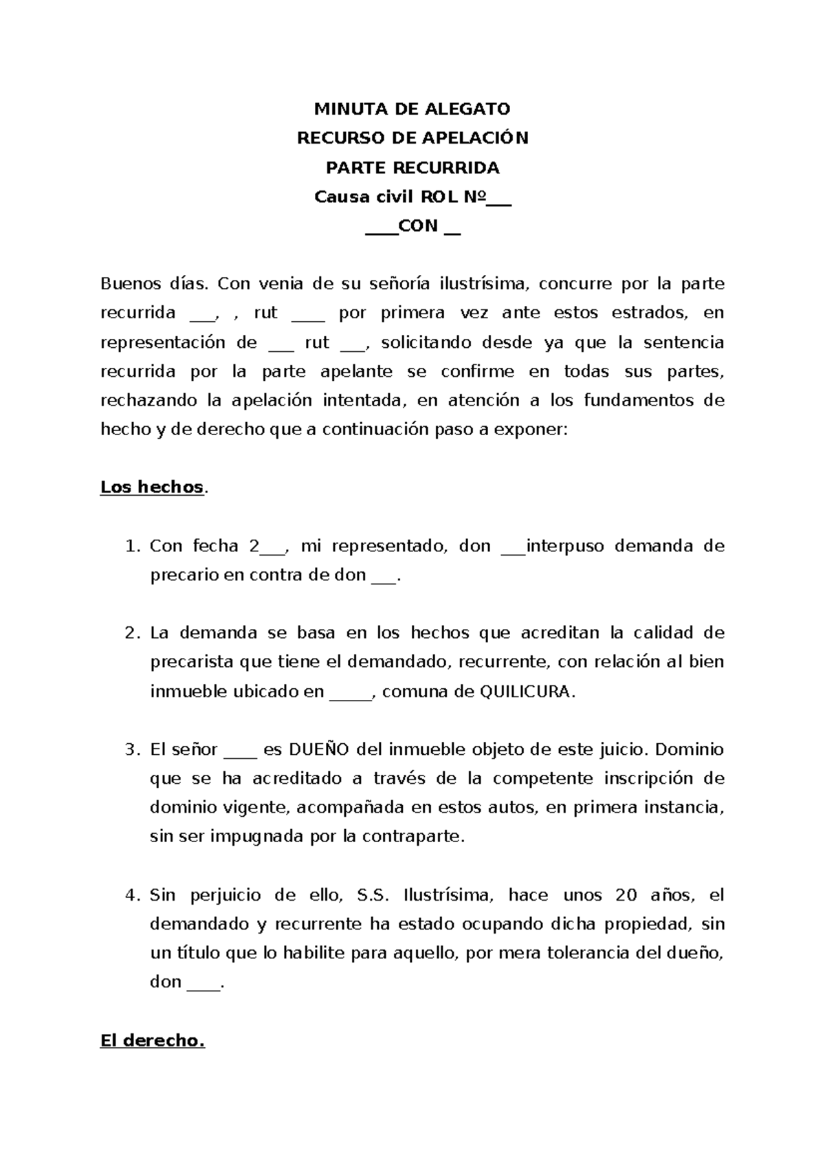 Minuta de Alegato en Recurso de Apelación Causa Civil ROL __ - Document Preview