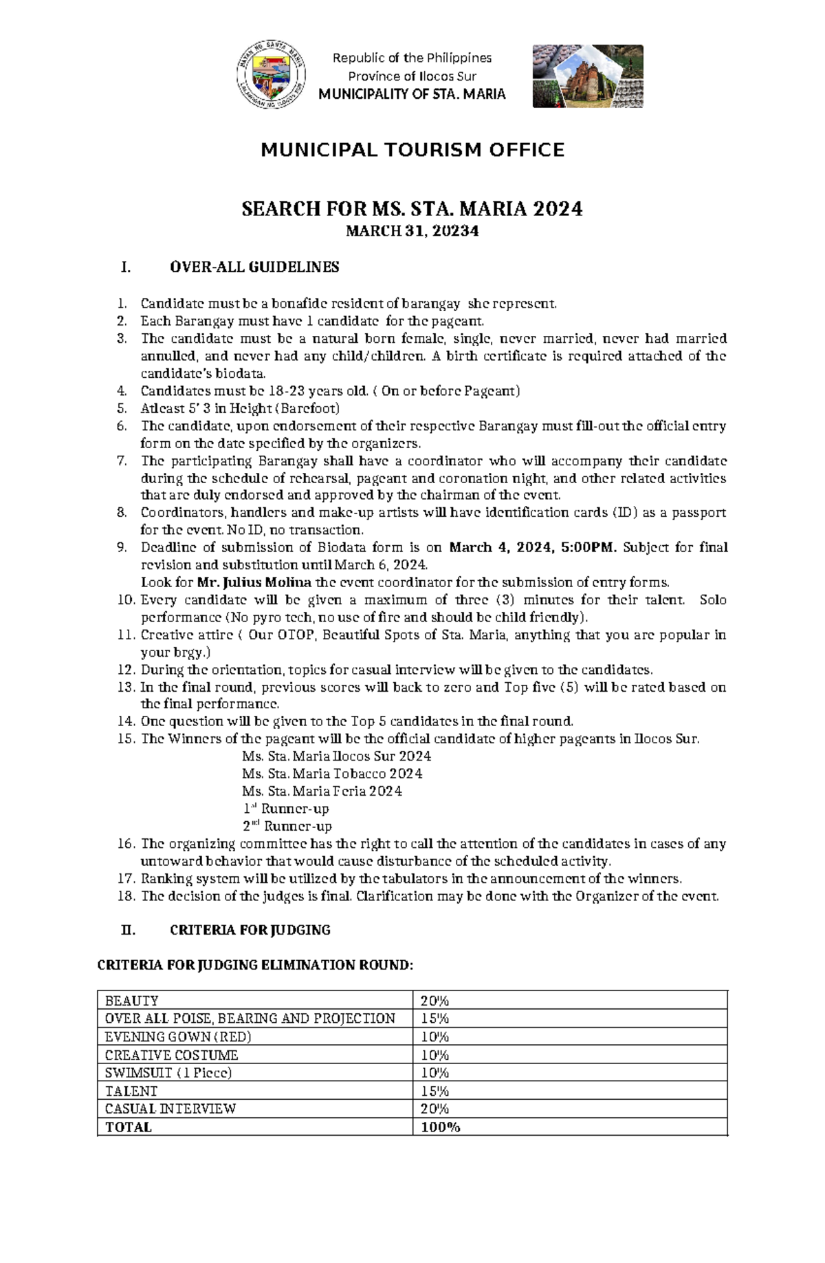 Ms. Sta. Maria 2024 Pageant Guidelines and Judging Criteria - Studocu