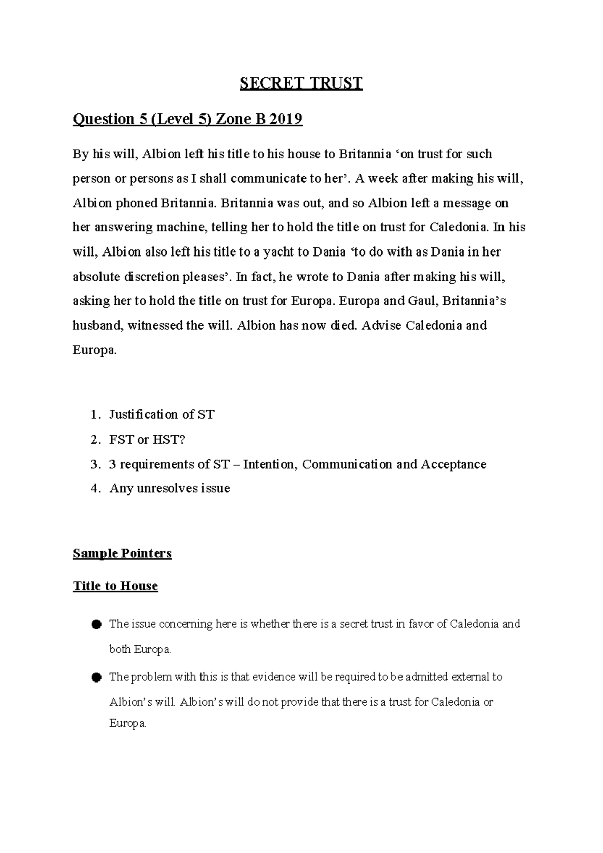 Secret Trusts: Case Analysis and Sample Pointers (LAW 505) - Studocu