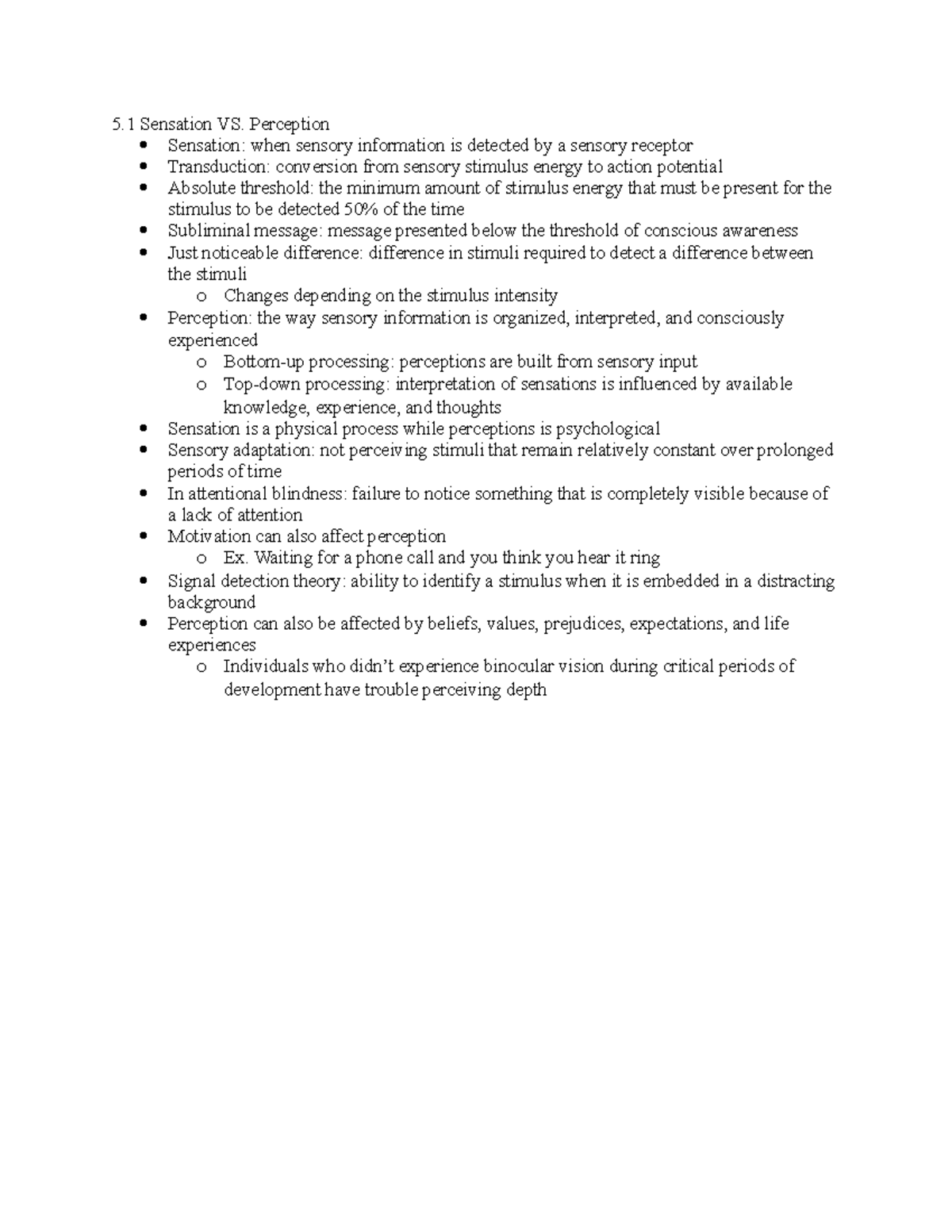 Psyc 2 Ch. 5 - Sensation vs. Perception Summary Notes - Studocu