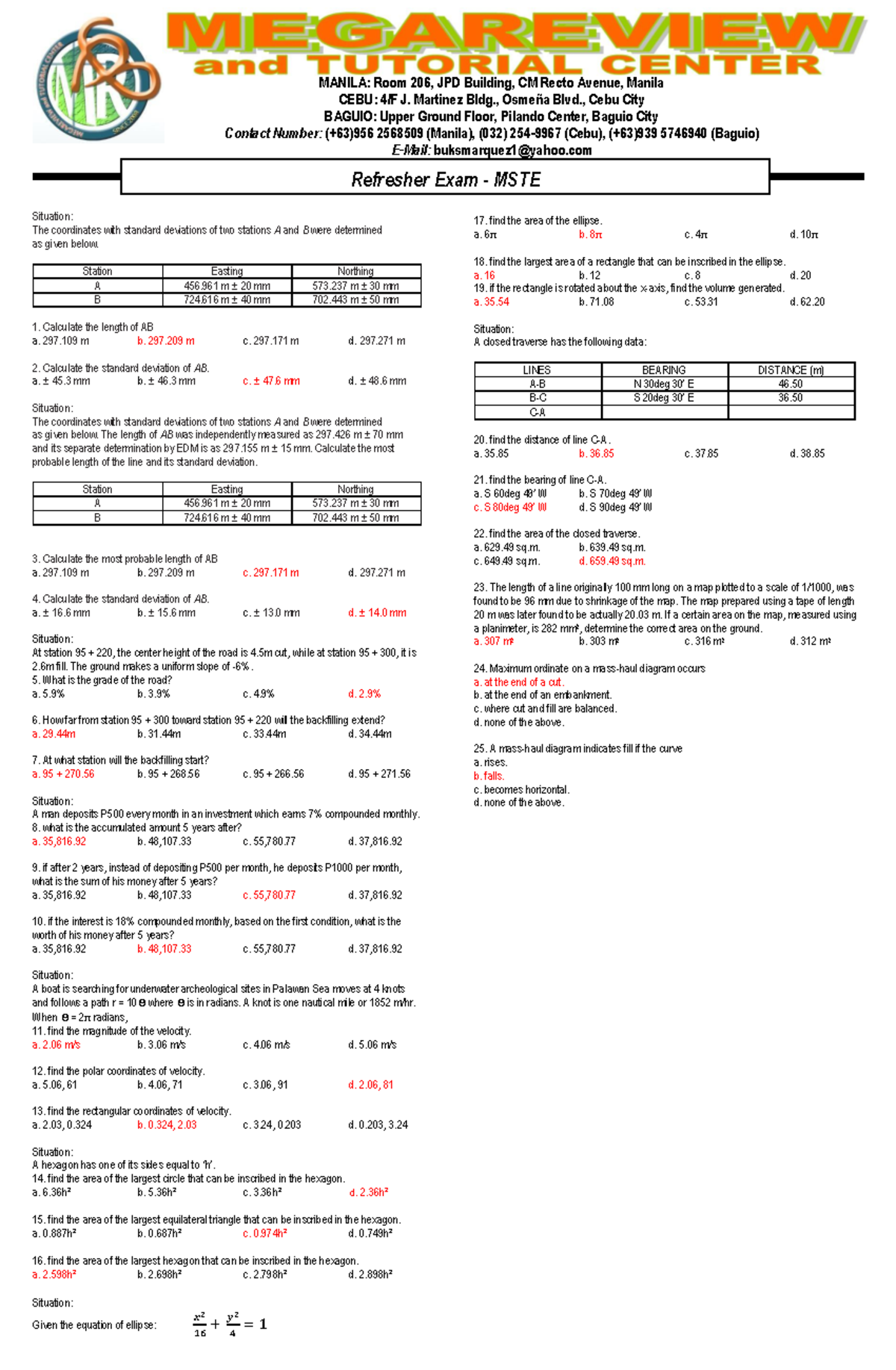 Refresher Exam Solutions for MSTE: Practice Problems and Solutions ...