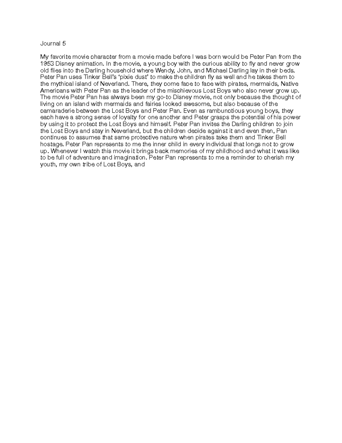 English 101 Journal 5 - My Favorite Movie Character: Peter Pan - Studocu