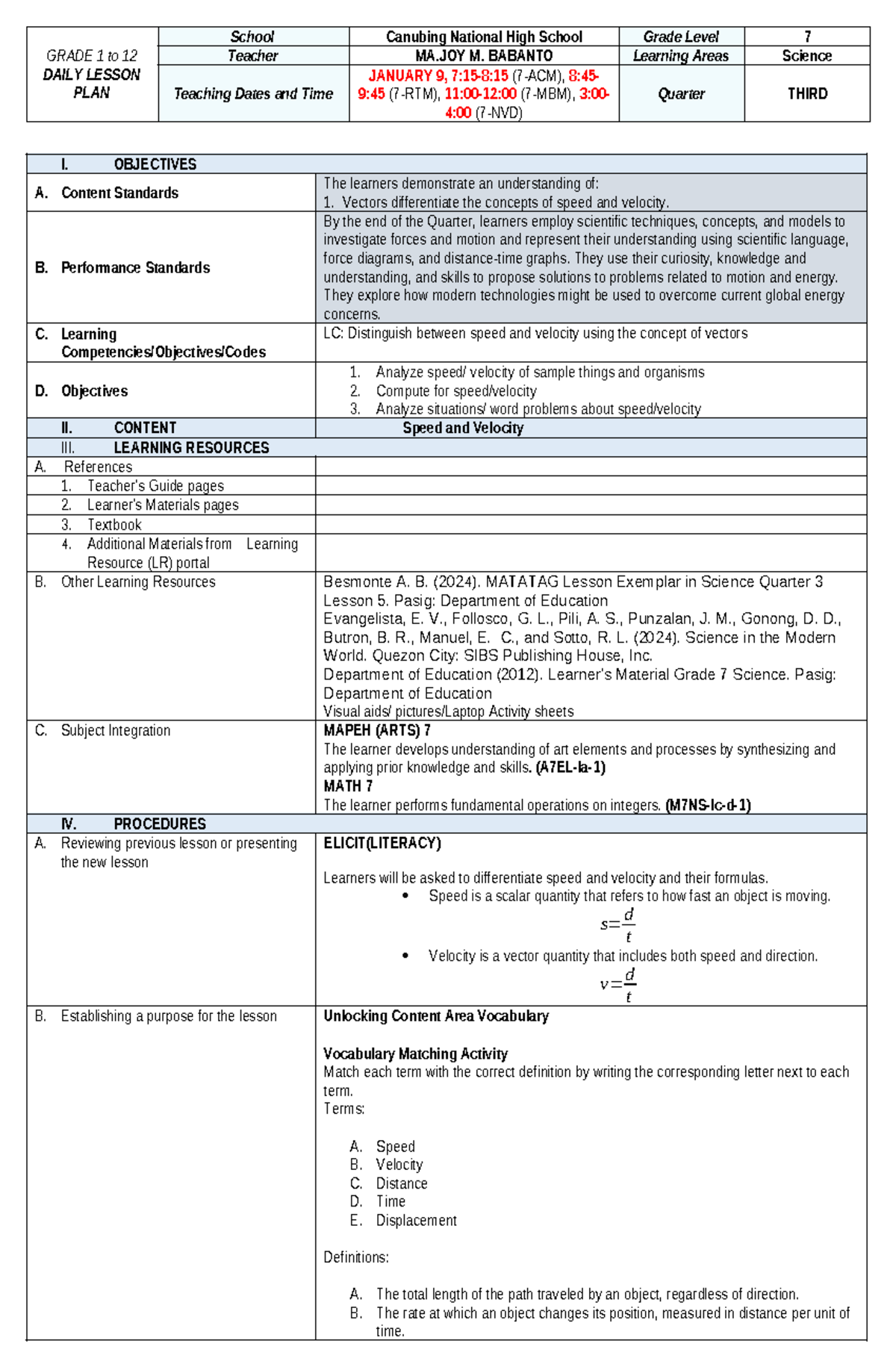 DLP Lesson Plan: Speed and Velocity for Grade 7 Science - Studocu