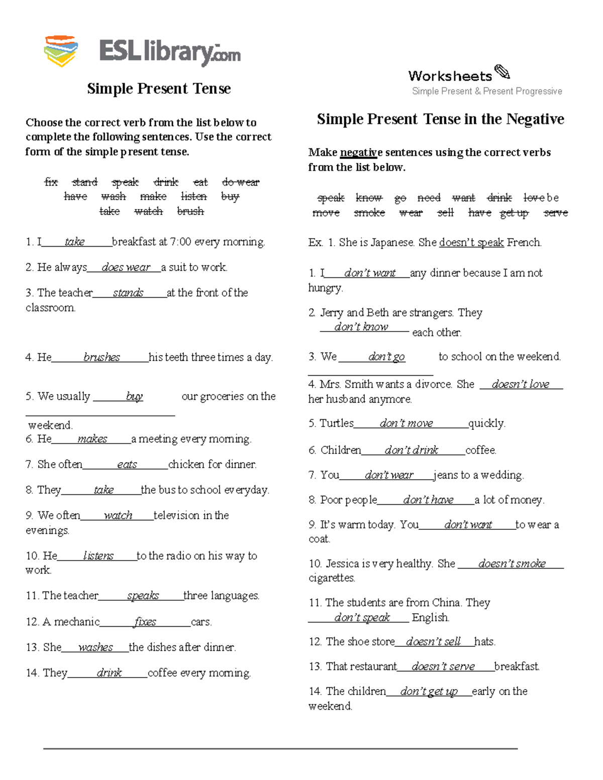 479001936 Grammar Practice: Simple Present Tense Worksheets - Studocu