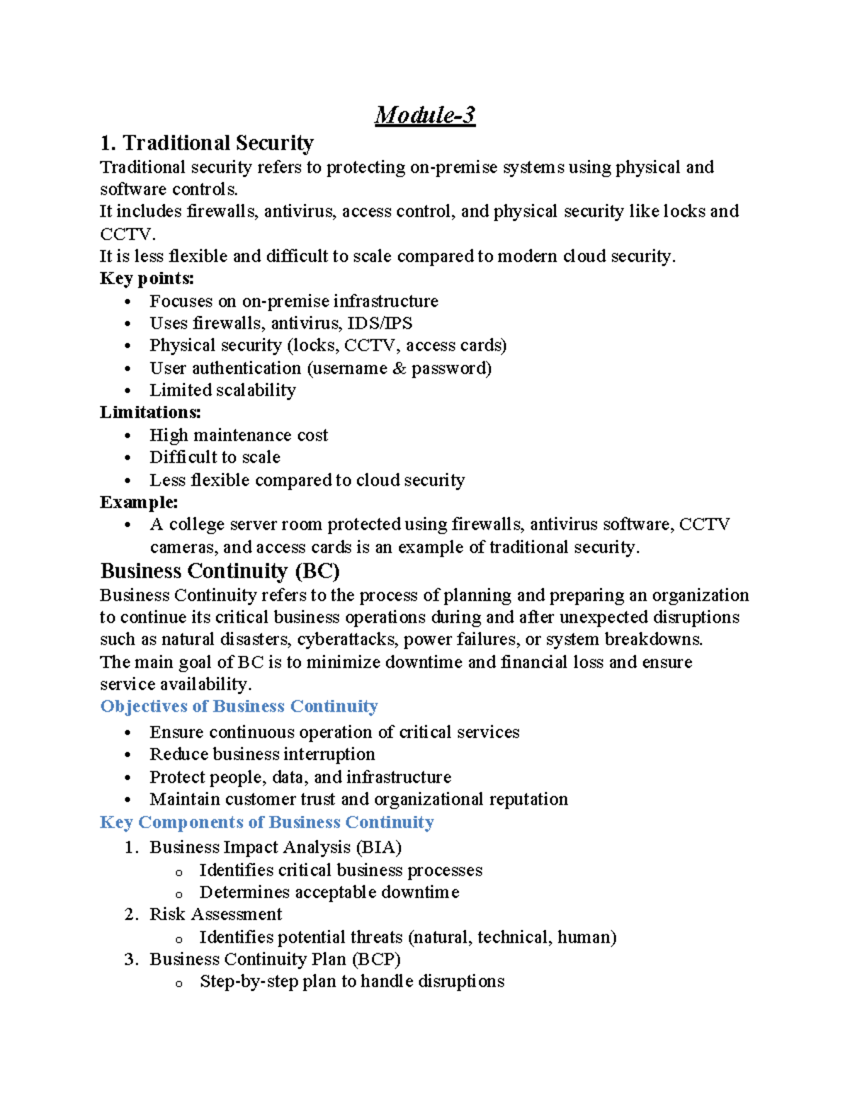 Module 3: Short Notes on Traditional Security, Business Continuity, and ...
